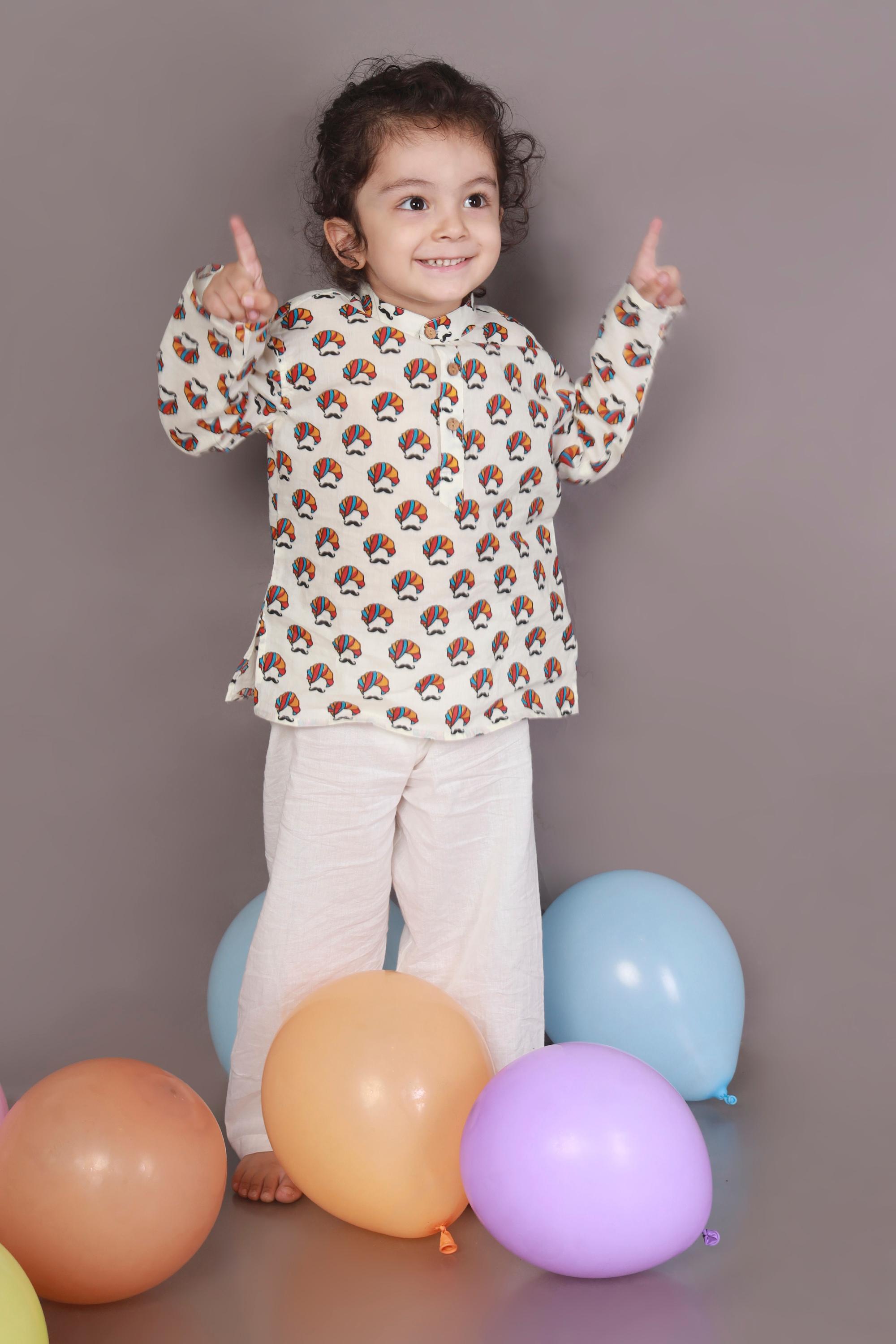 Kids Cotton Nightsuit – White Turban Print Kurta & Pyjama Co-ord Set for Boys & Girls | BREATHABLES