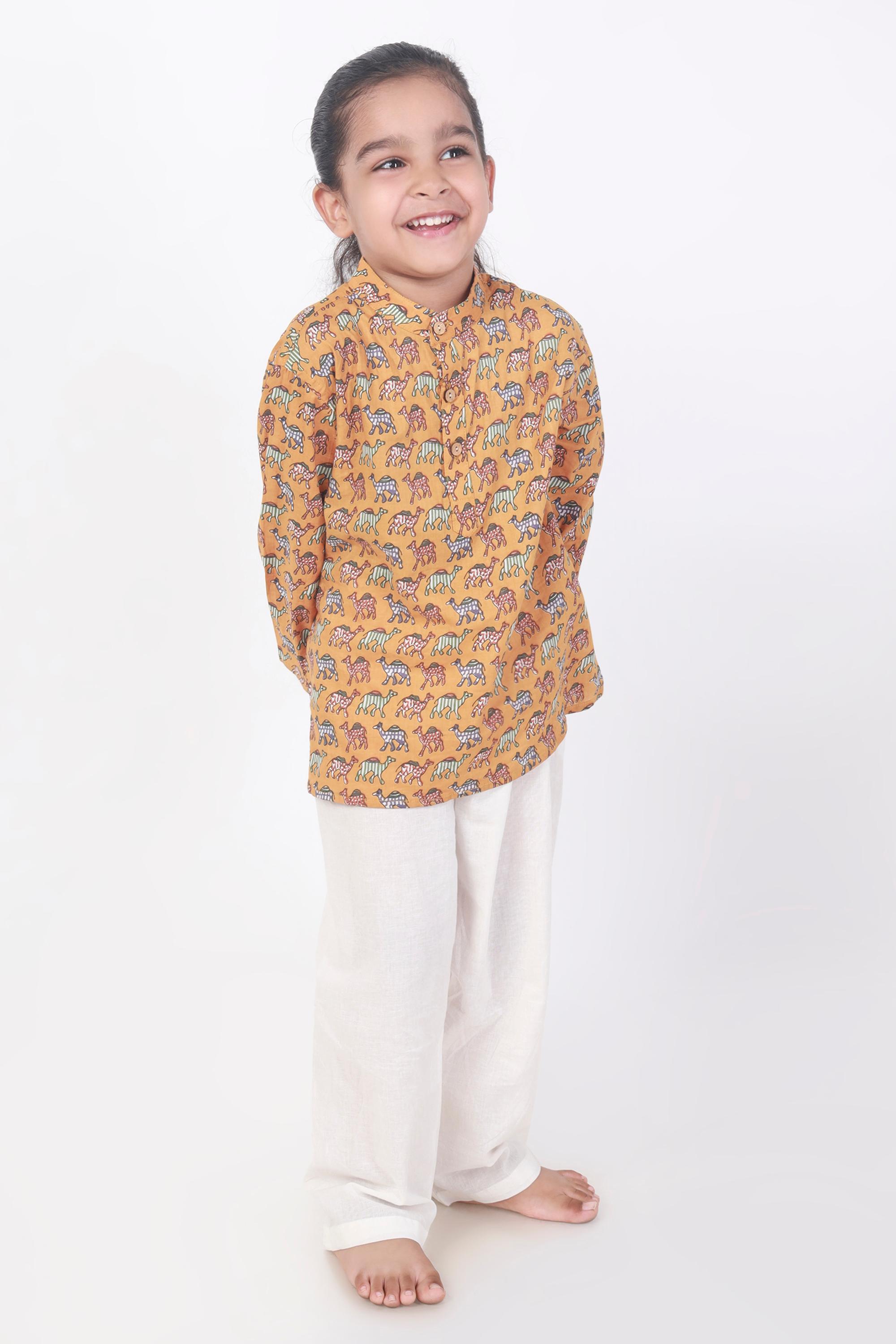 Kids Cotton Nightsuit – Yellow Camel Print Kurta & Pyjama Co-ord Set for Boys & Girls | BREATHABLES