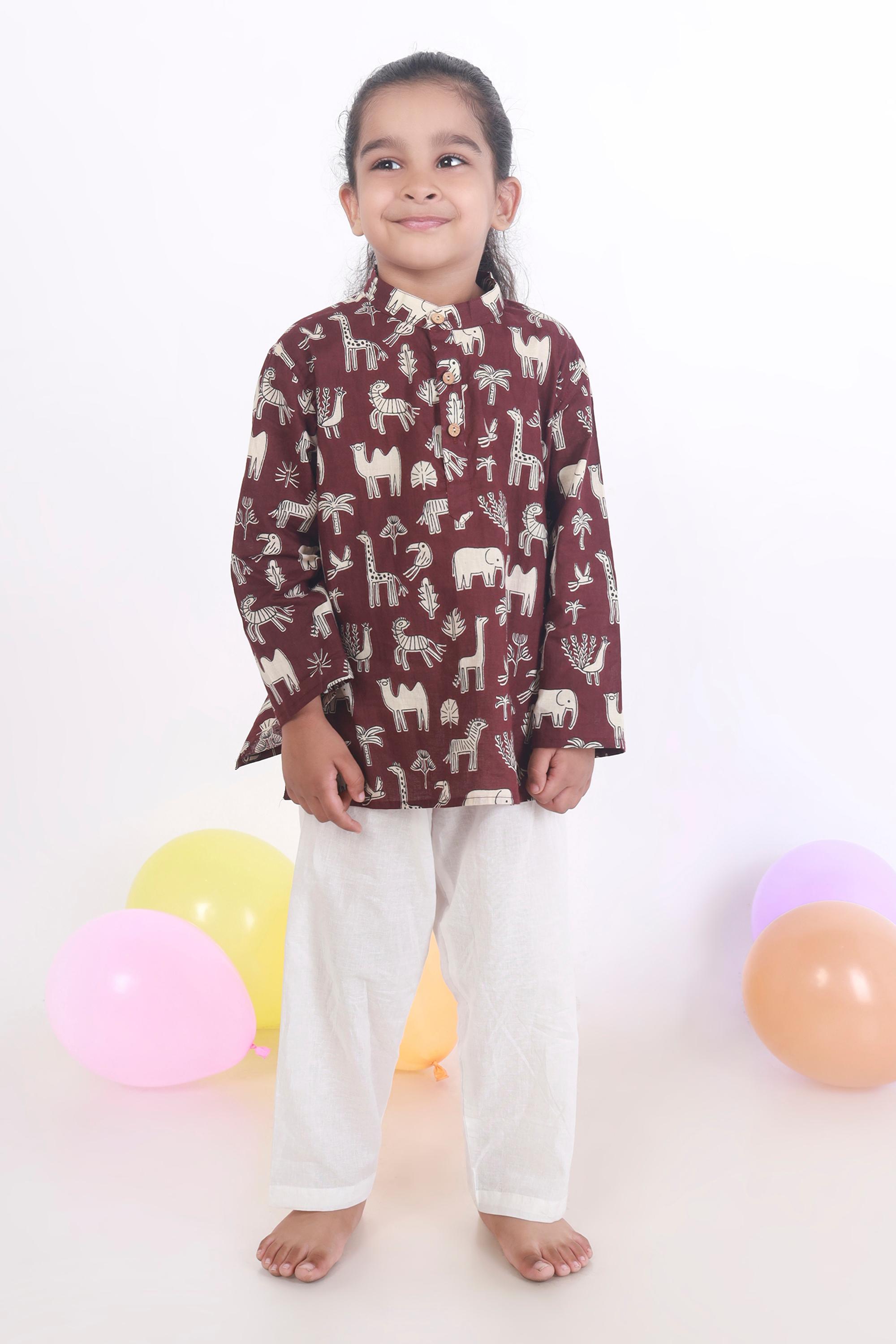 Kids Cotton Nightsuit – Wine Animal Print Kurta & Pyjama Co-ord Set for Boys & Girls | BREATHABLES