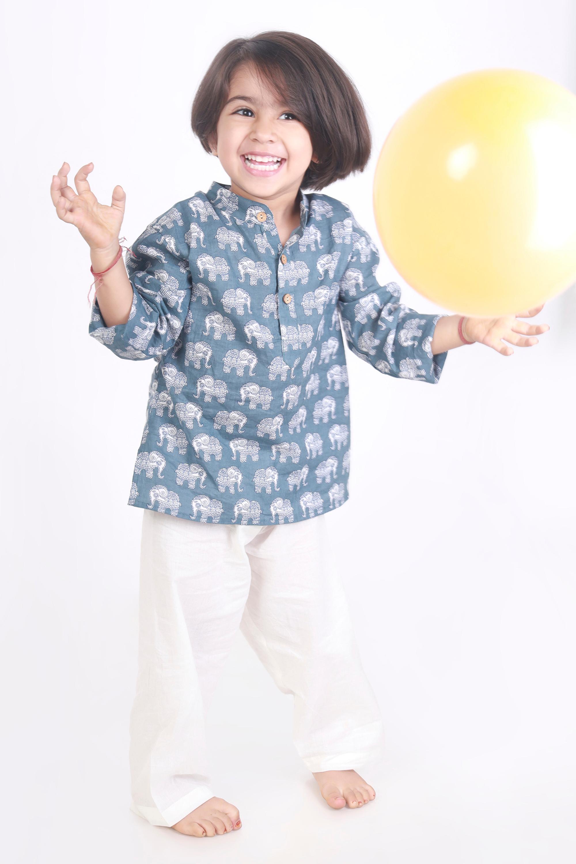 Kids Unisex Cotton Nightsuit – Grey Elephant Print Kurta & Pyjama Co-ord Set | BREATHABLES