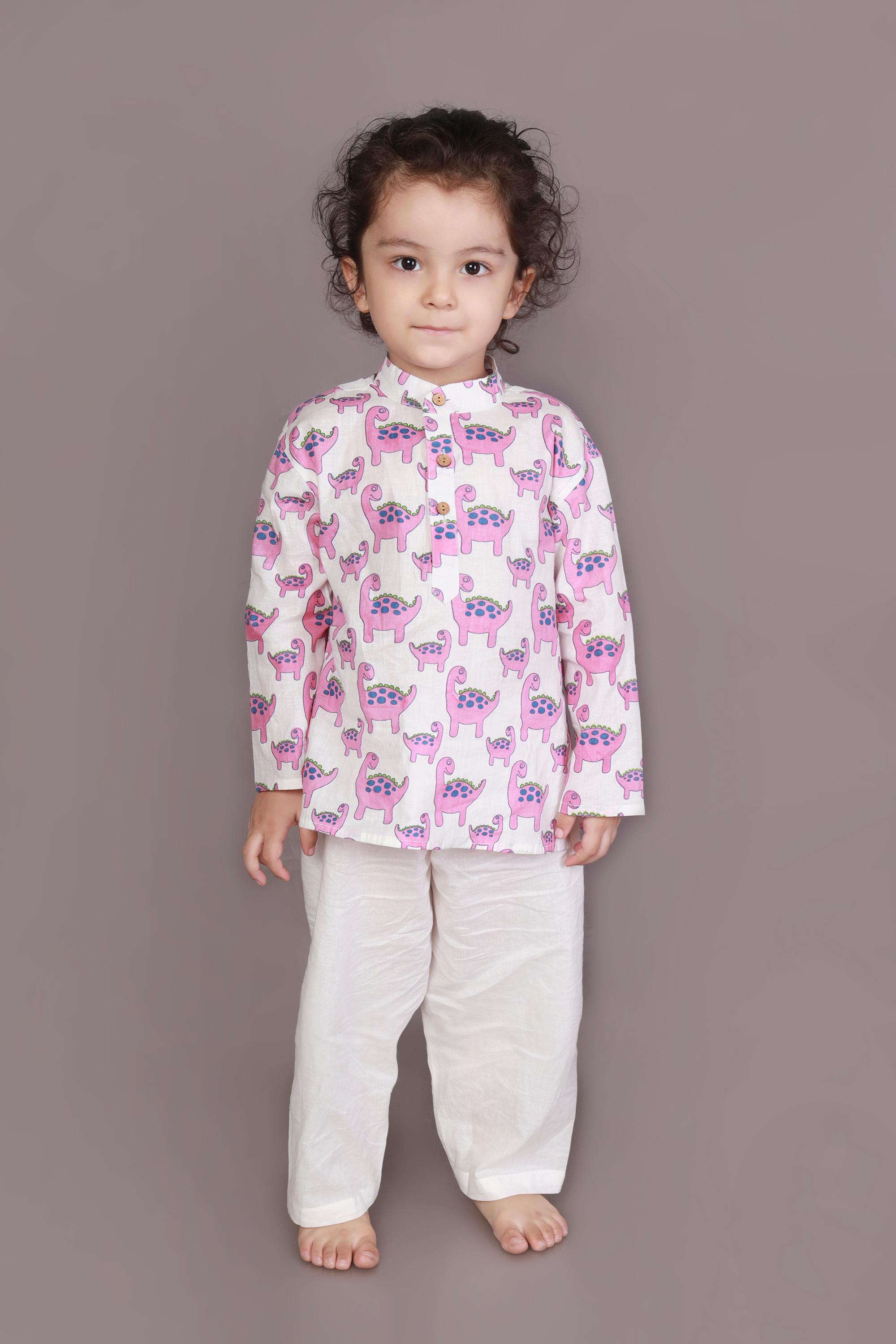 Kids Unisex Cotton Nightsuit – Purple Dinosaur Print Kurta & Pyjama Co-ord Set | BREATHABLES