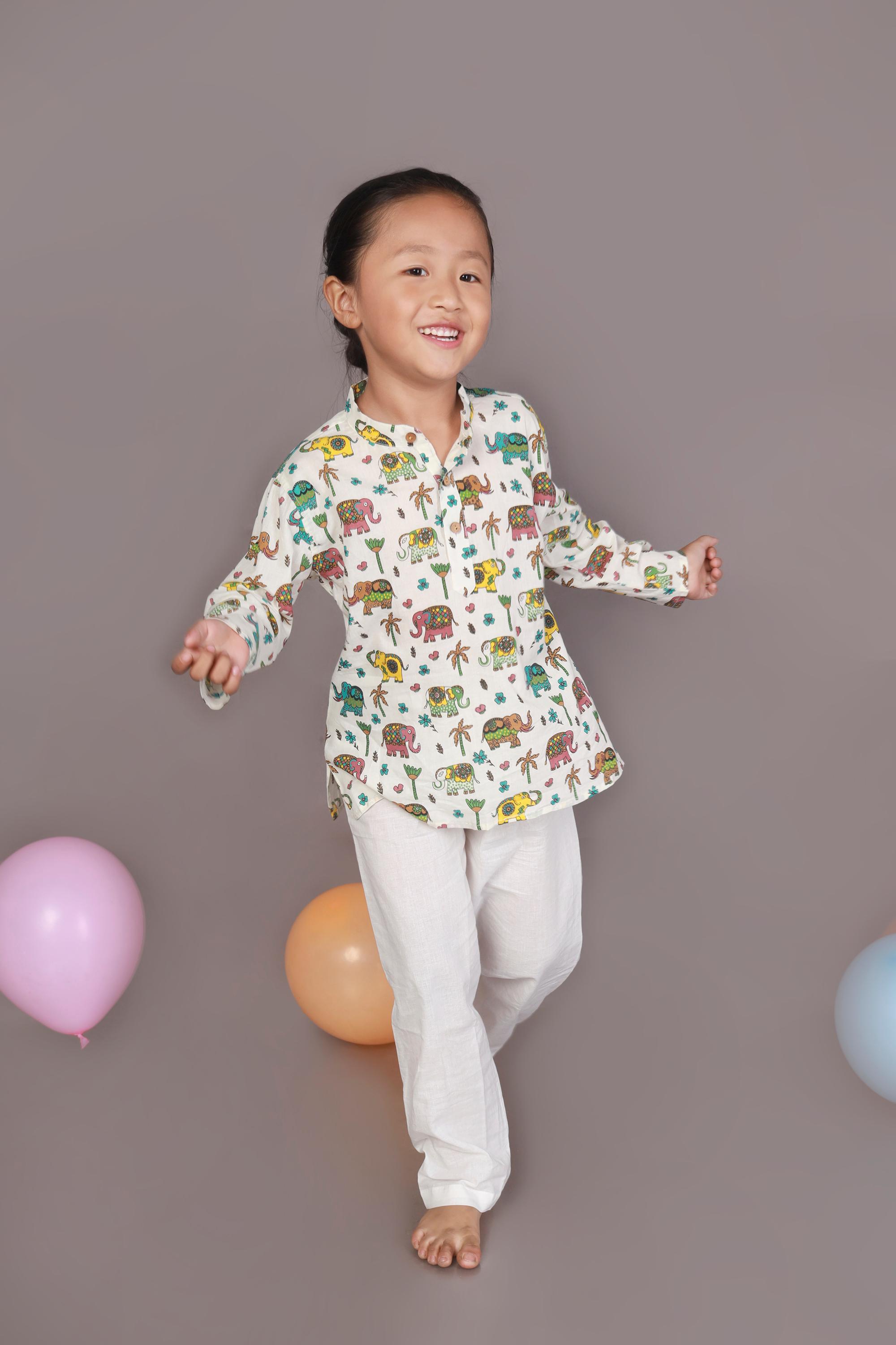 Kids Cotton Elephant Print Kurta Pyjama Nightsuit - White | BREATHABLES