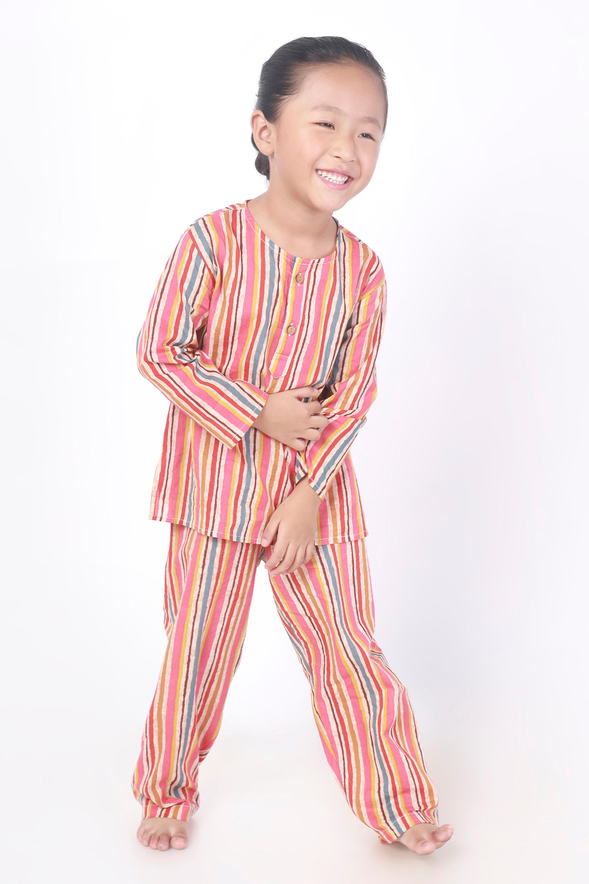 Kids Cotton Stripes Print Kurta Pyjama Nightsuit - Multicolor | BREATHABLES