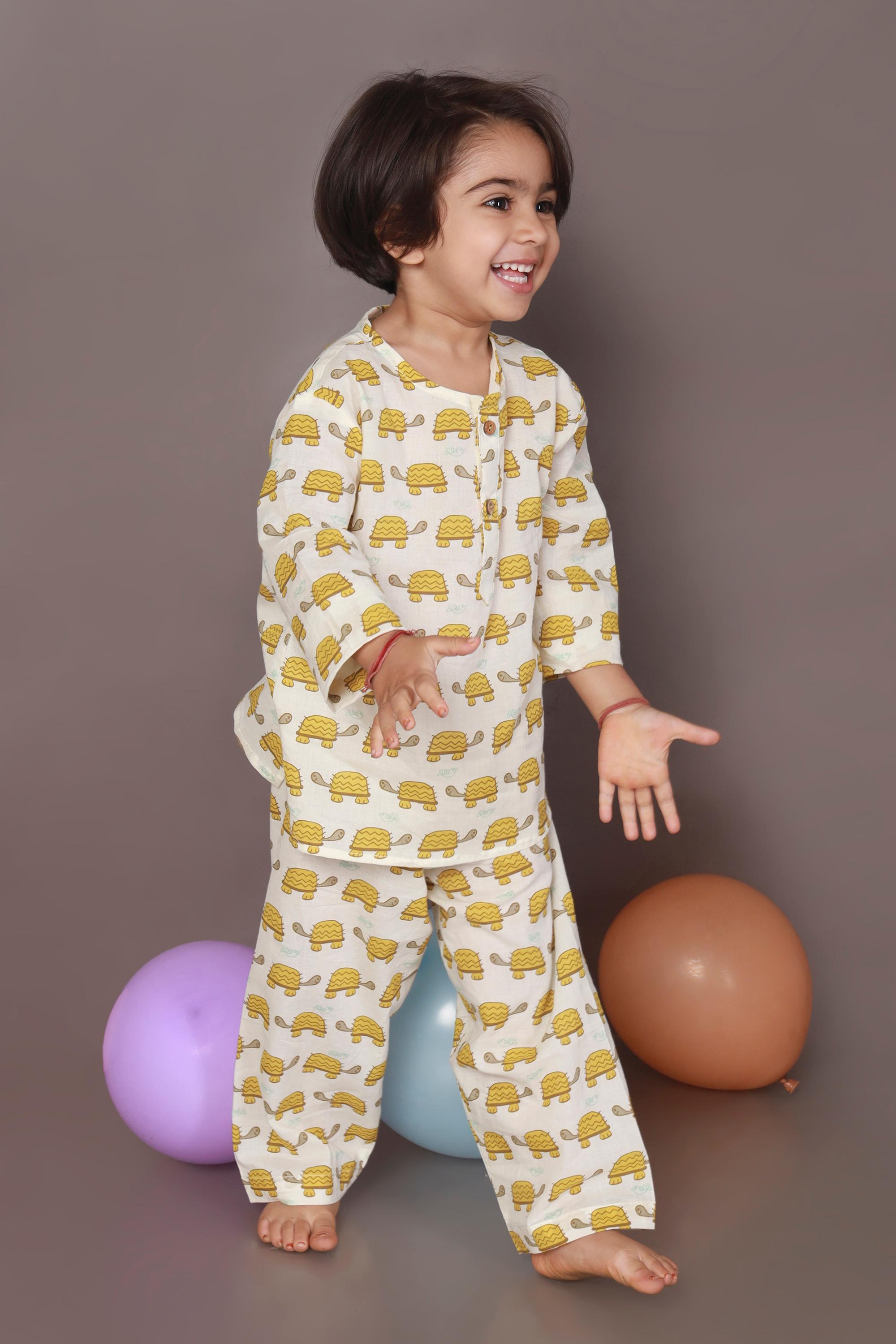 Kids Cotton Turtle Print Co-ord Nightsuit with Kurta and Pyjama – White & Yellow | BREATHABLES