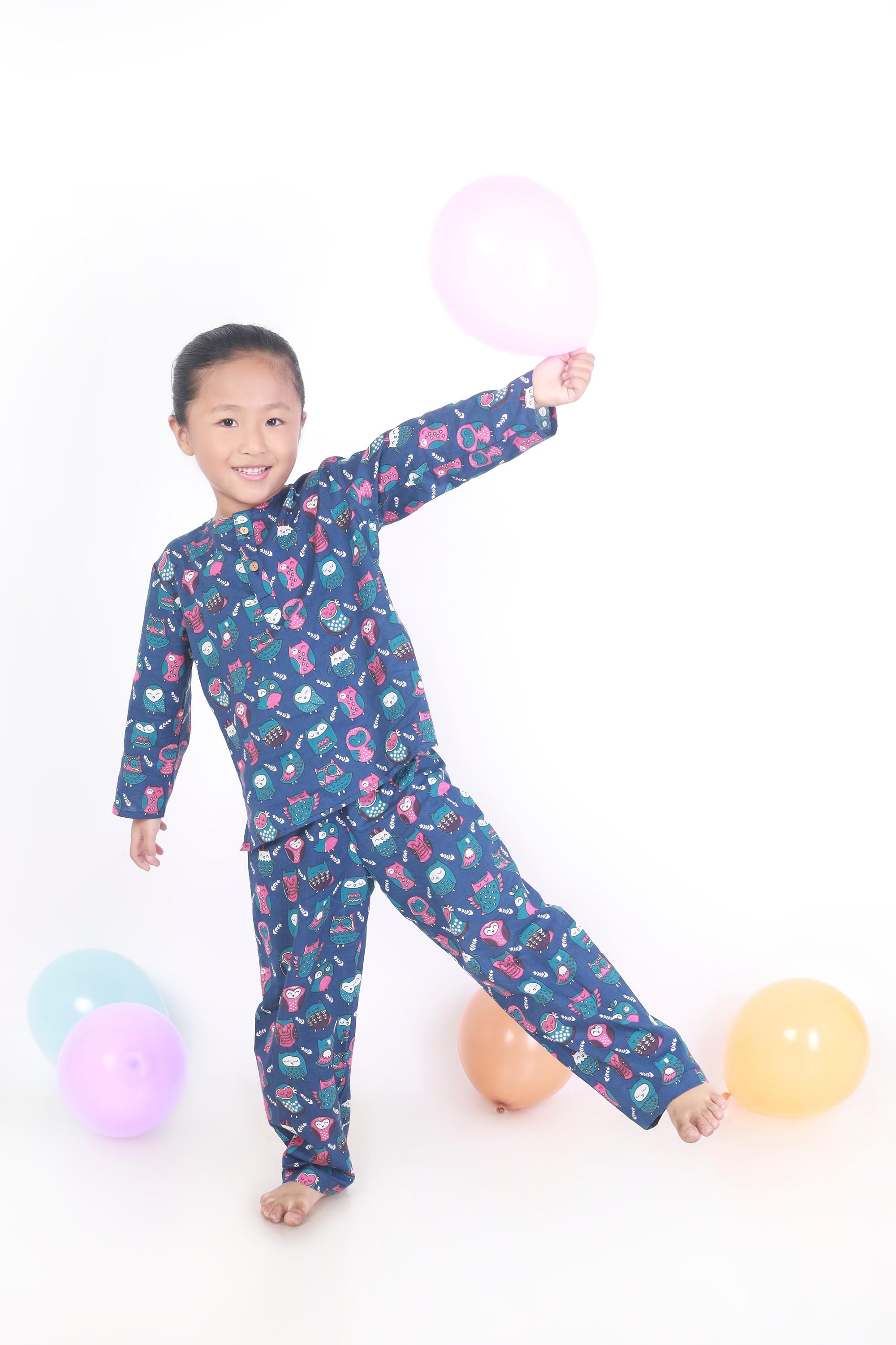 Kids Cotton Owl Print Co-ord Nightsuit – Navy Blue | BREATHABLES