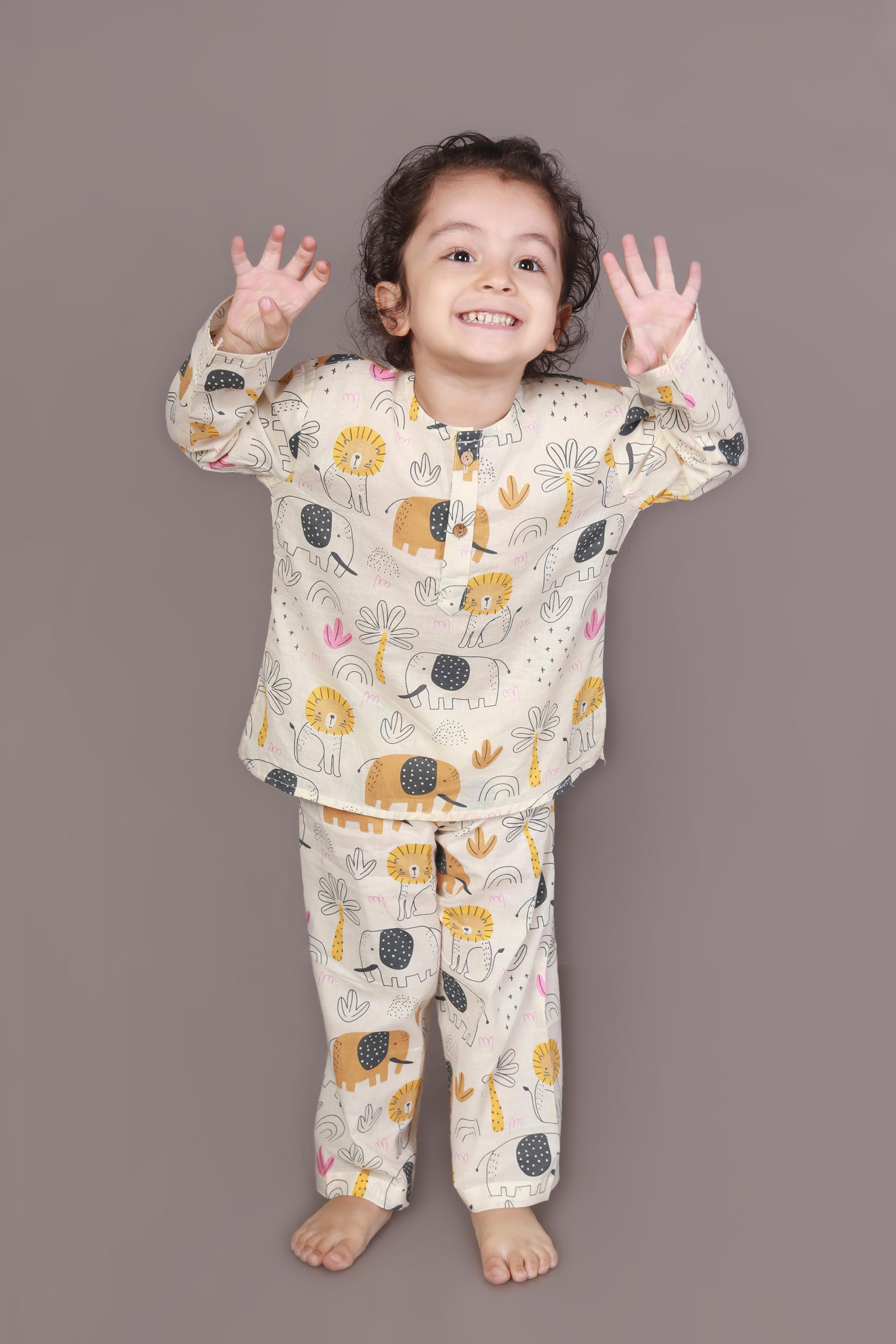 White Animal Print Cotton Nightsuit Set | Unisex Kids Sleepwear | BREATHABLES