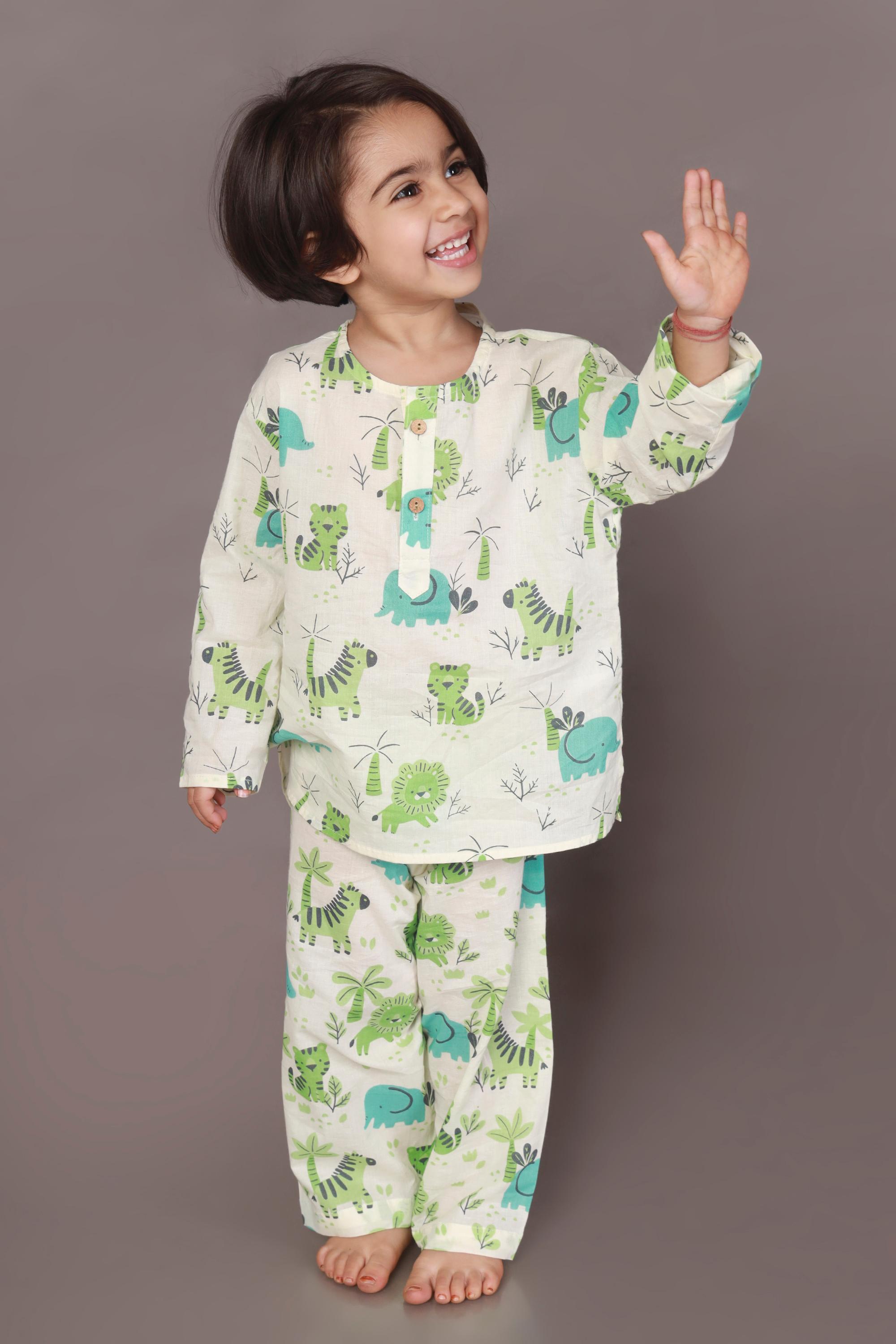 White Blue-Green Animal Cotton Nightsuit | Unisex Kids | BREATHABLES
