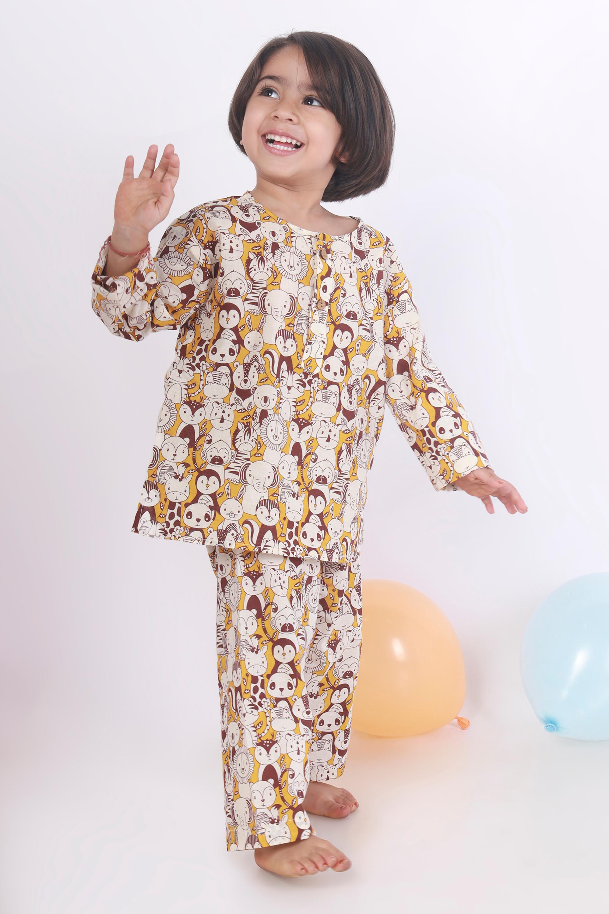 Sunny Yellow Animal Print Cotton Nightsuit for Kids | BREATHABLES
