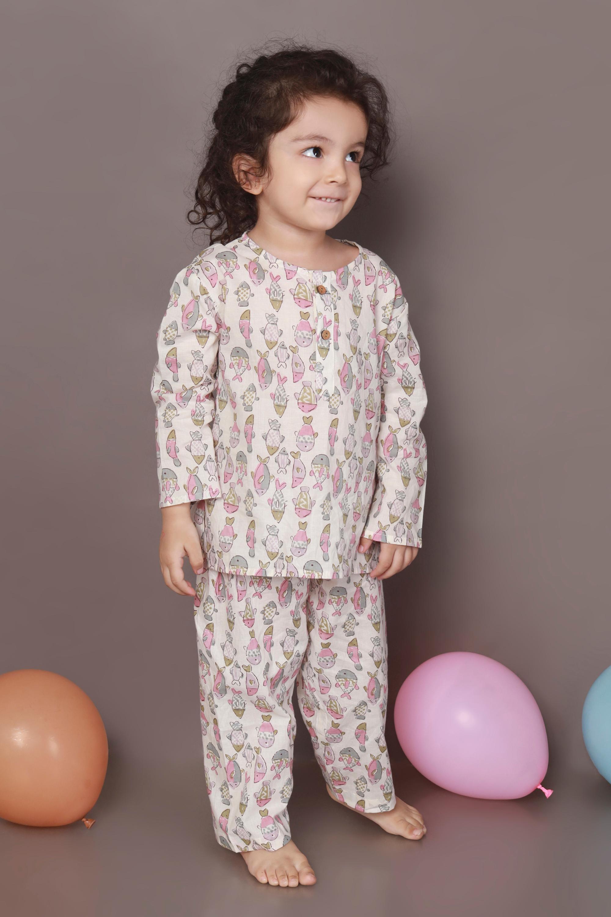 White & Yellow Tortoise Cotton Nightsuit Set For Kids | BREATHABLES