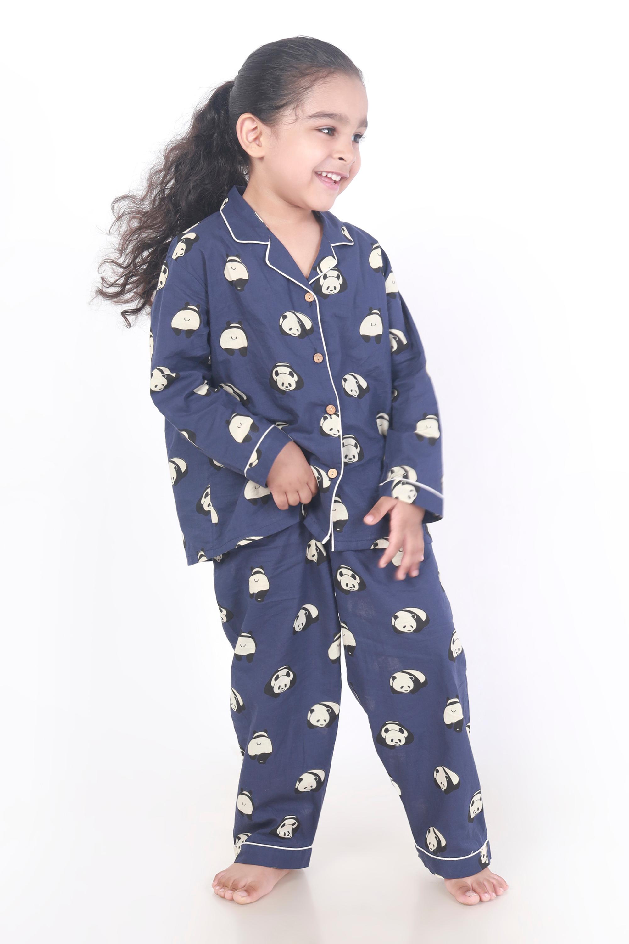Kids Cotton Nightsuit – Blue Panda Print Shirt & Pyjama Co-ord Set for Boys & Girls | BREATHABLES