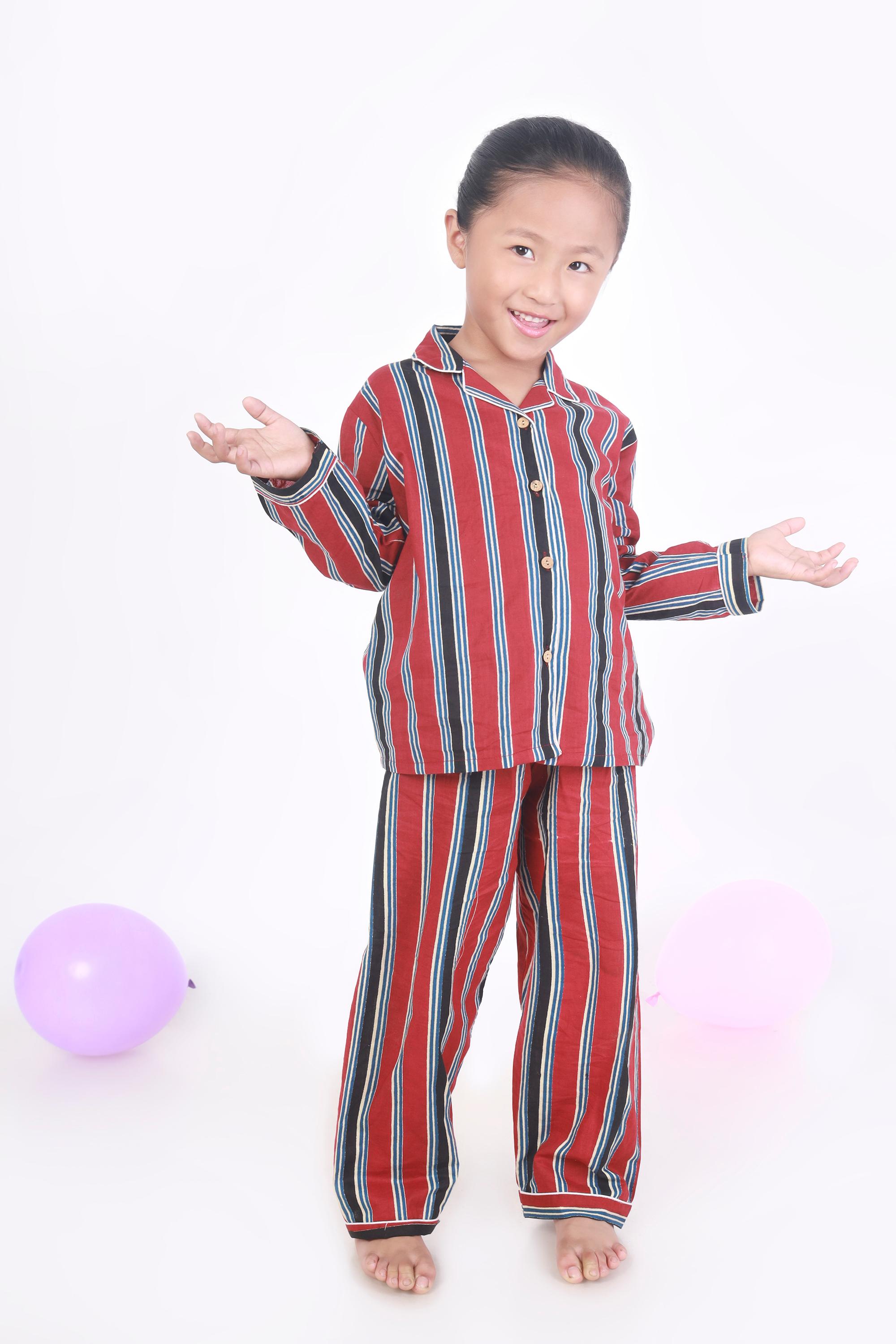 Kids Cotton Nightsuit – Red Stripes Shirt & Pyjama Co-ord Set for Boys & Girls | BREATHABLES