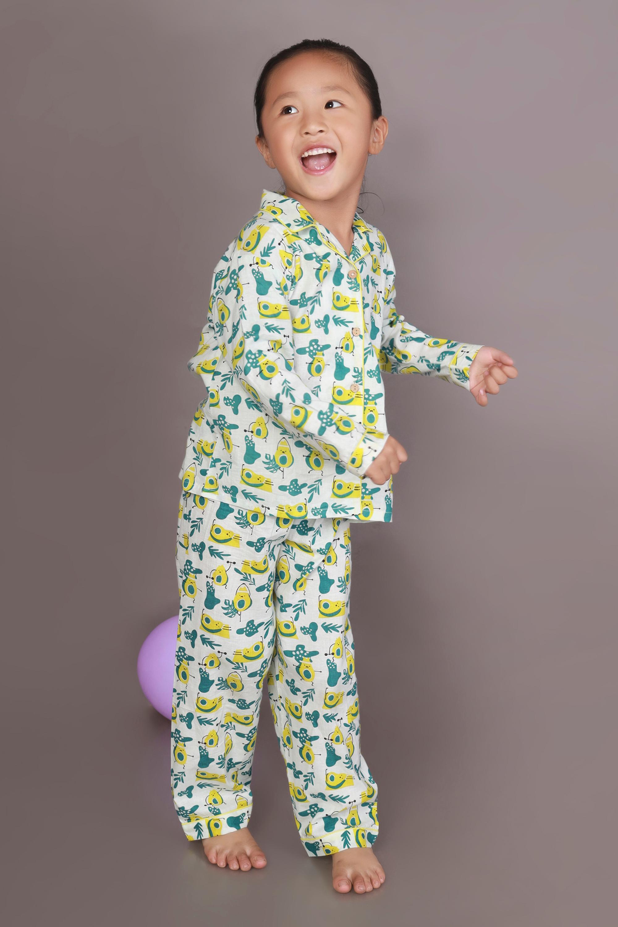 Kids Cotton Nightsuit – White Avocado Print Shirt & Pyjama Co-ord Set for Boys & Girls | BREATHABLES
