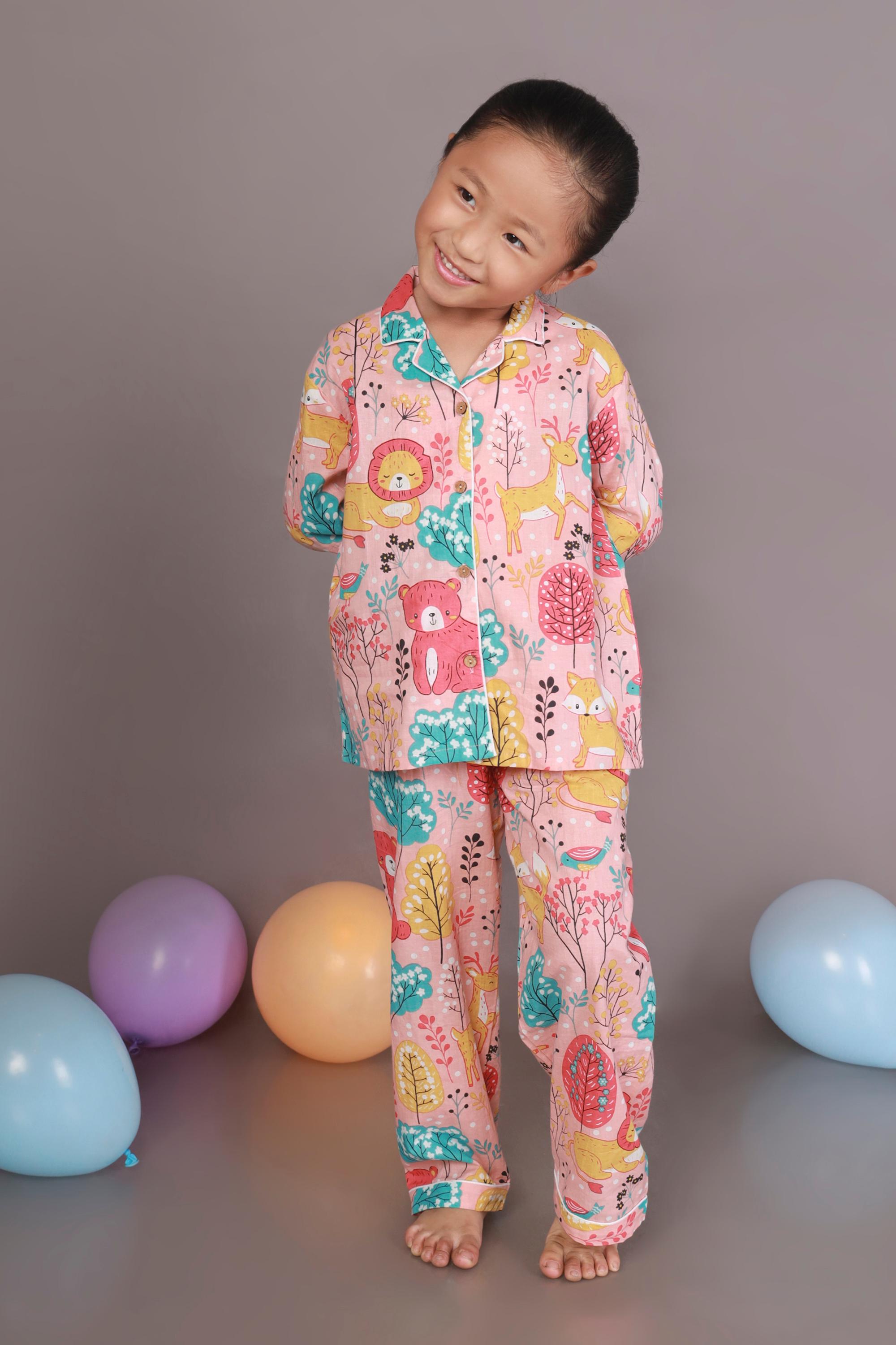 Kids Cotton Nightsuit – Peach Lion & Teddy Shirt & Pyjama Co-ord Set for Boys & Girls | BREATHABLES