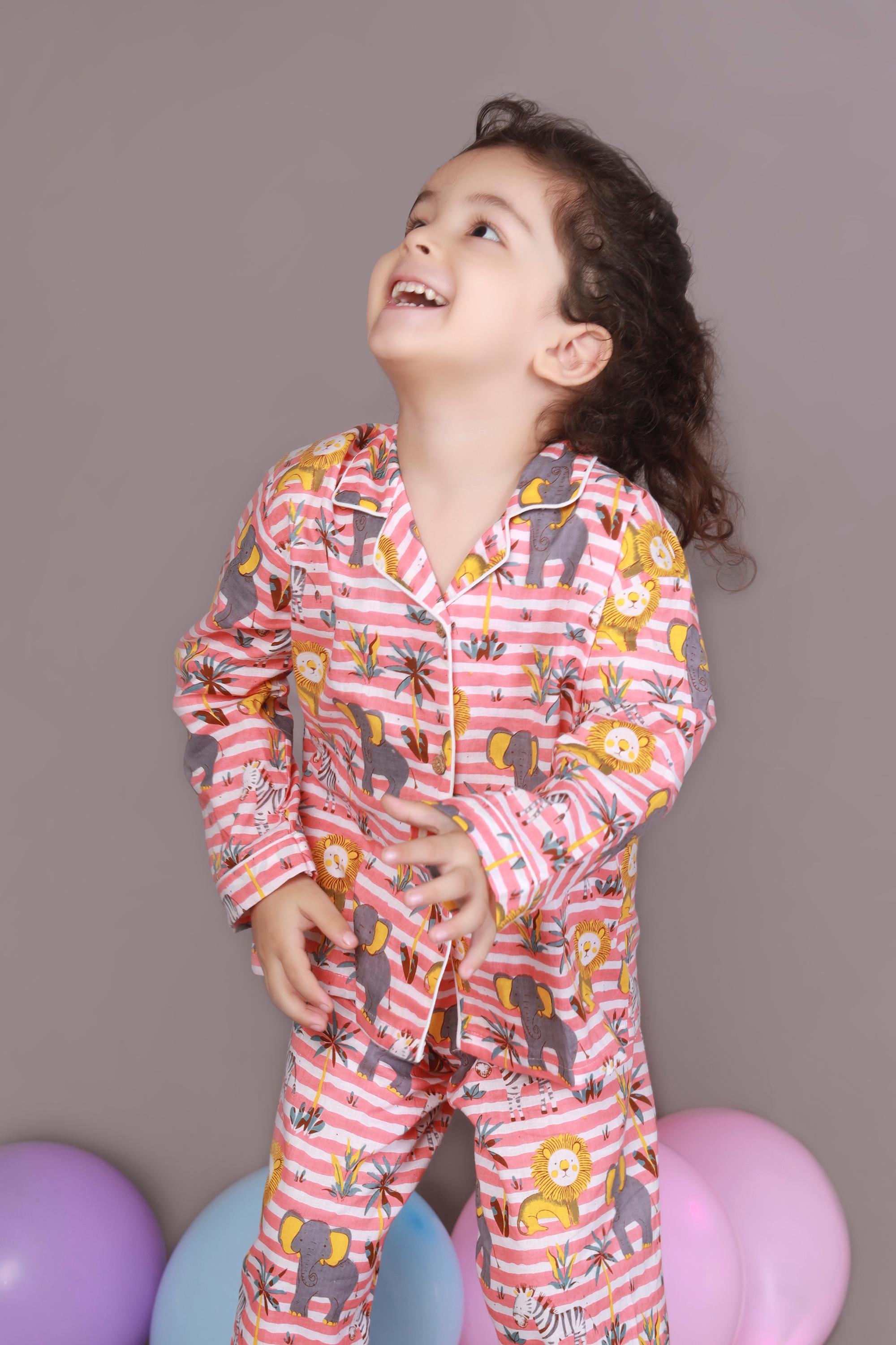 Kids Cotton Nightsuit – Red & White Jungle Stripe Shirt & Pyjama Co-ord Set for Boys & Girls | BREATHABLES