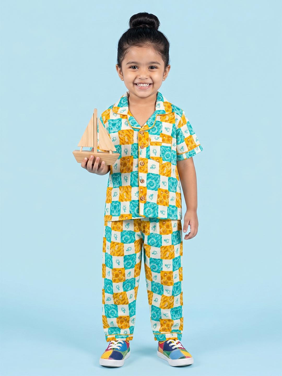 Kids Multicolour Checks Cotton Nightsuit Co-ord Set for Boys and Girls | BREATHABLES
