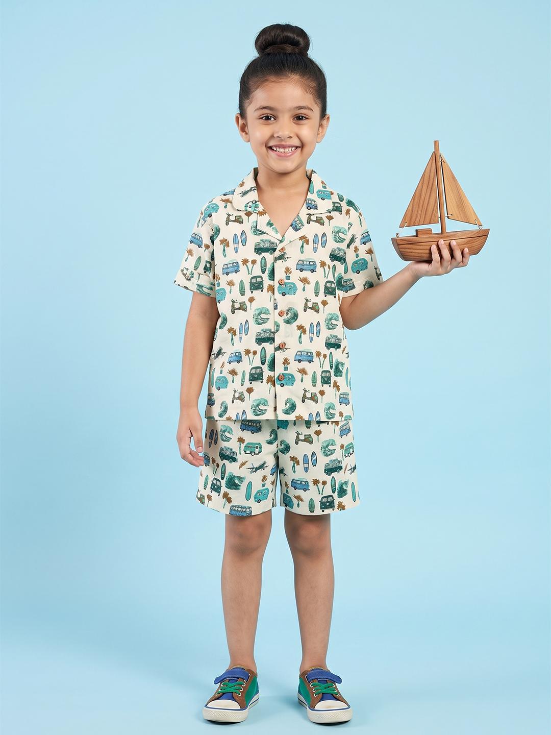 Kids White Blue Beach Inspired Cotton Nightsuit Shorts Co-ord Set For Boys and Girls | BREATHABLES
