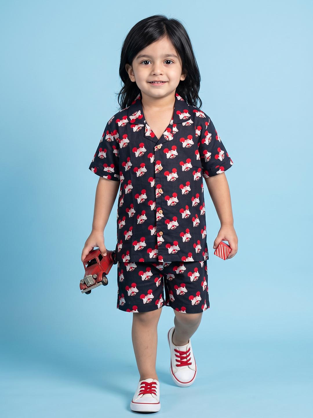 Kids Black Mickey Mouse Print Cotton Nightsuit Shorts Co-ord Set for Boys and Girls | BREATHABLES