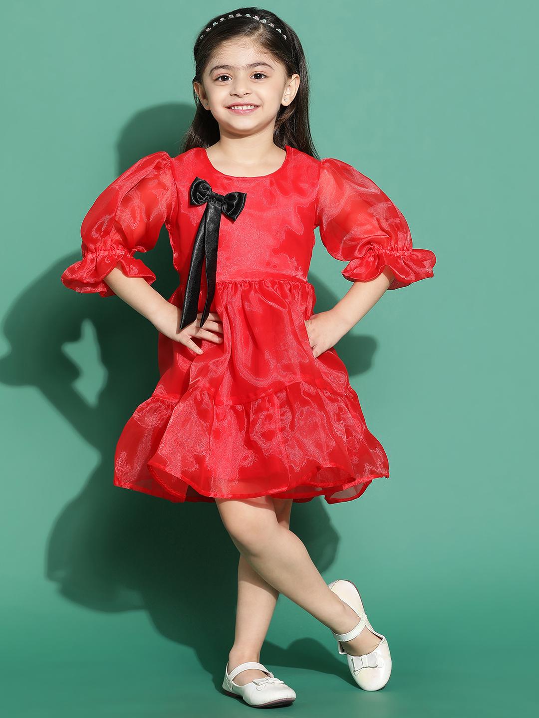TALES & STORIES Red Puff Sleeves Fit & Flare Kids-Girls Dress