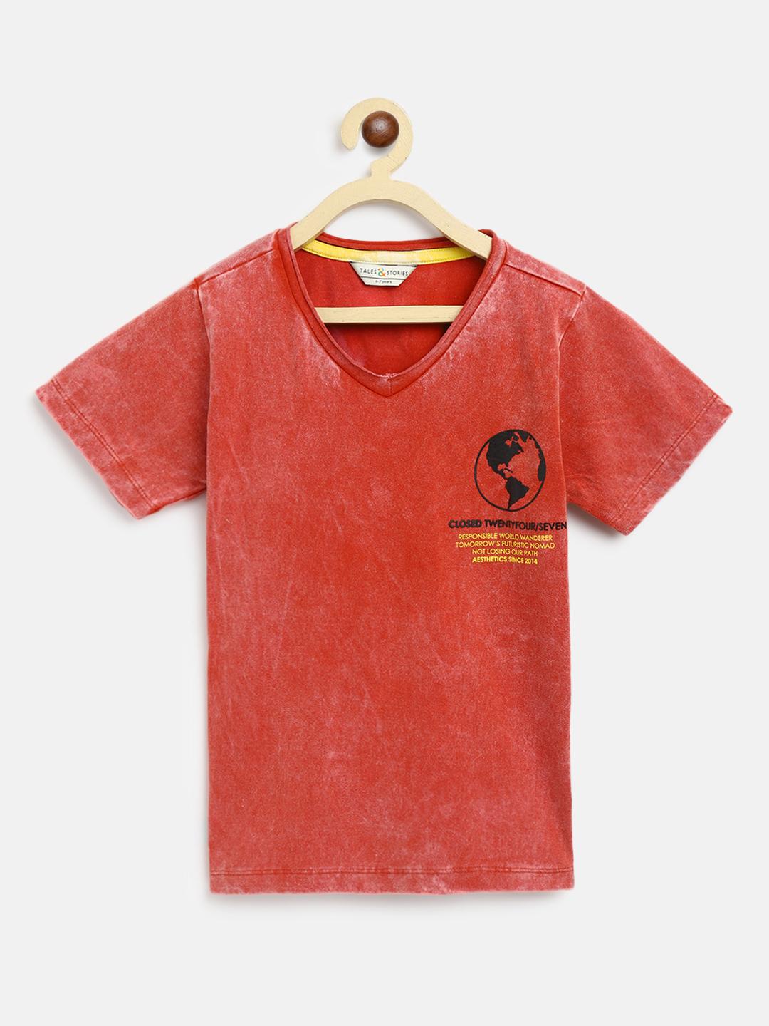 TALES & STORIES Boys Rust Printed V-Neck Cotton T-shirt