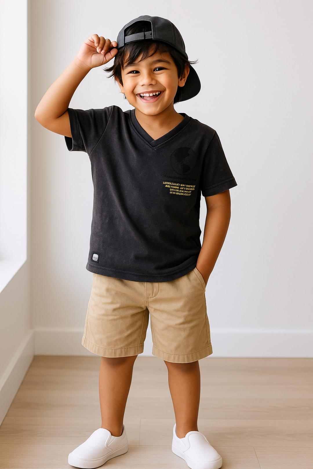 TALES & STORIES Boys Brown Printed V-Neck T-shirt