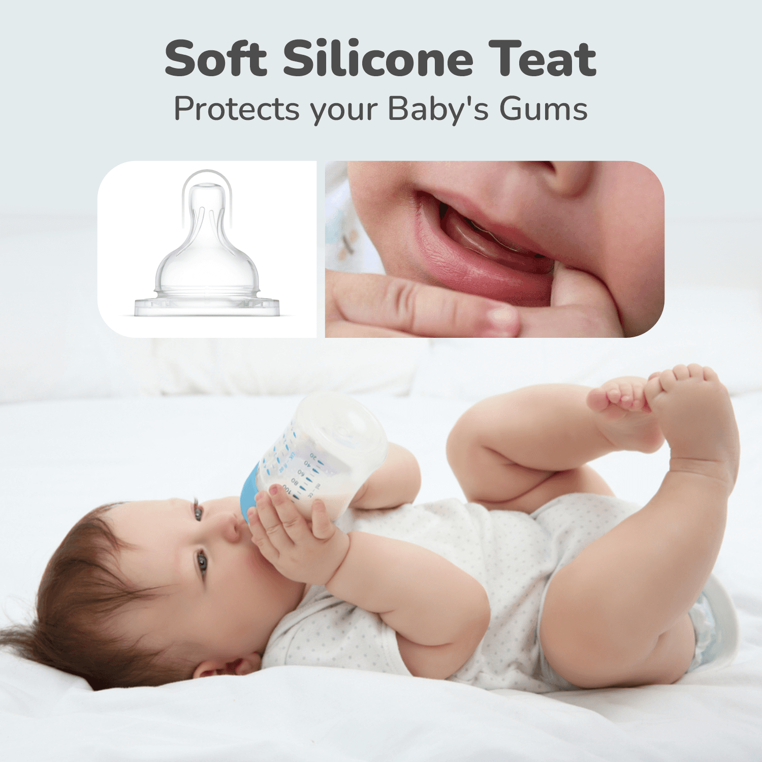 R for Rabbit First Feed Baby Glass Feeding Bottle 120ml with Anti-Colic Wide Neck, BPA Free Soft Silicone Nipple, Milk Feeder for New Born/Infants/Toddler Kids of 0+ Months (Lake Blue)