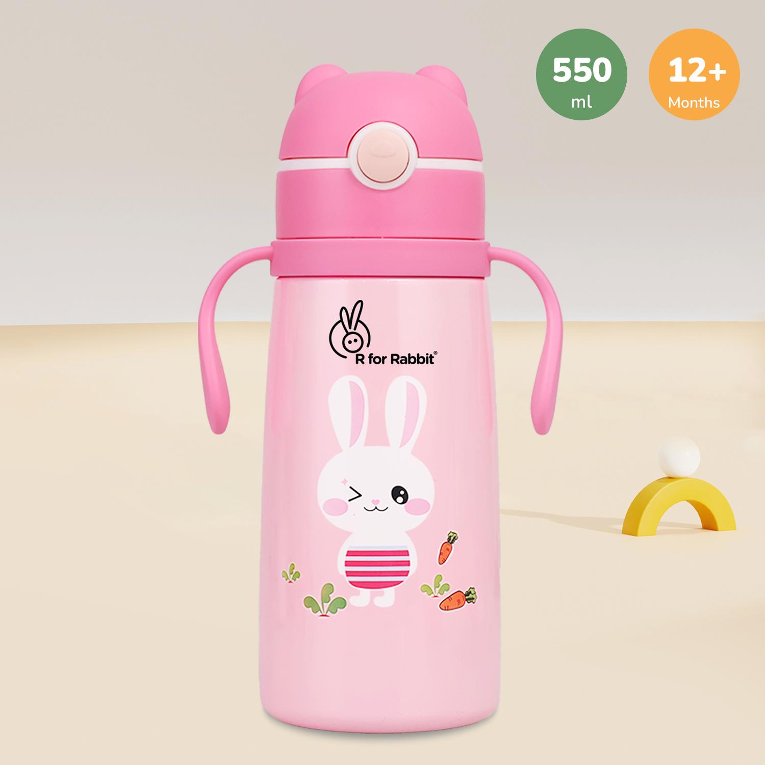 R for Rabbit Steebo Safari Premium Stainless Steel Water Sipper for Kids, Spill Proof BPA Free Soft Silicone Straw Drinking Sipper for Kids (500ml, Pink Bunny)