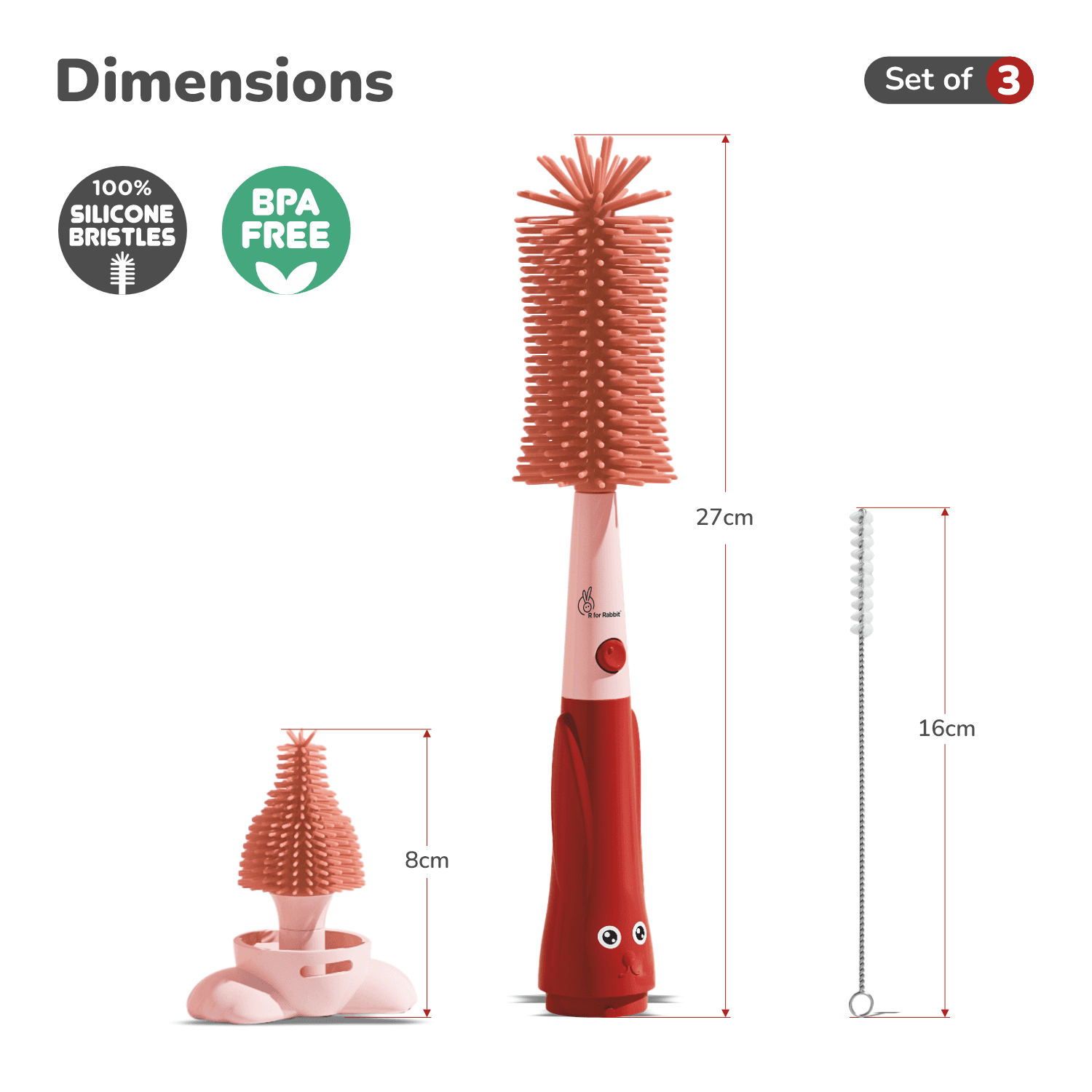 R for Rabbit Hygo Care Bunny 3-in-1 Cleaning Brushes for Baby Bottles, Straw & Nipple, BPA-Free Soft Silicone Bristles, Easy to Clean Bottles Corner, Hidden Storage & Adorable Design Cleaner (Red)