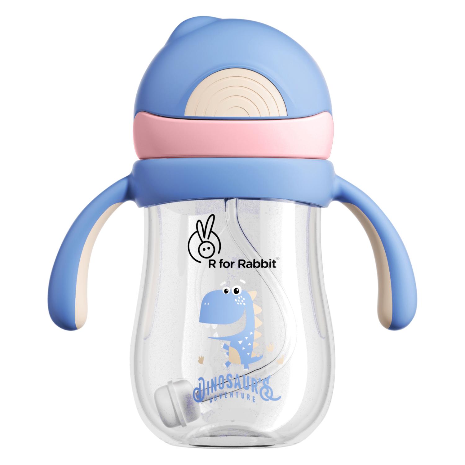R for Rabbit Tritan Dino 320ml Straw Sipper for Kids | Twin Handle Non Toxic BPA Free Soft Silicone Straw Sippy Bottle | Leak Proof Drinking Sippy Cup for 12+ Months Kids (Pink Blue)