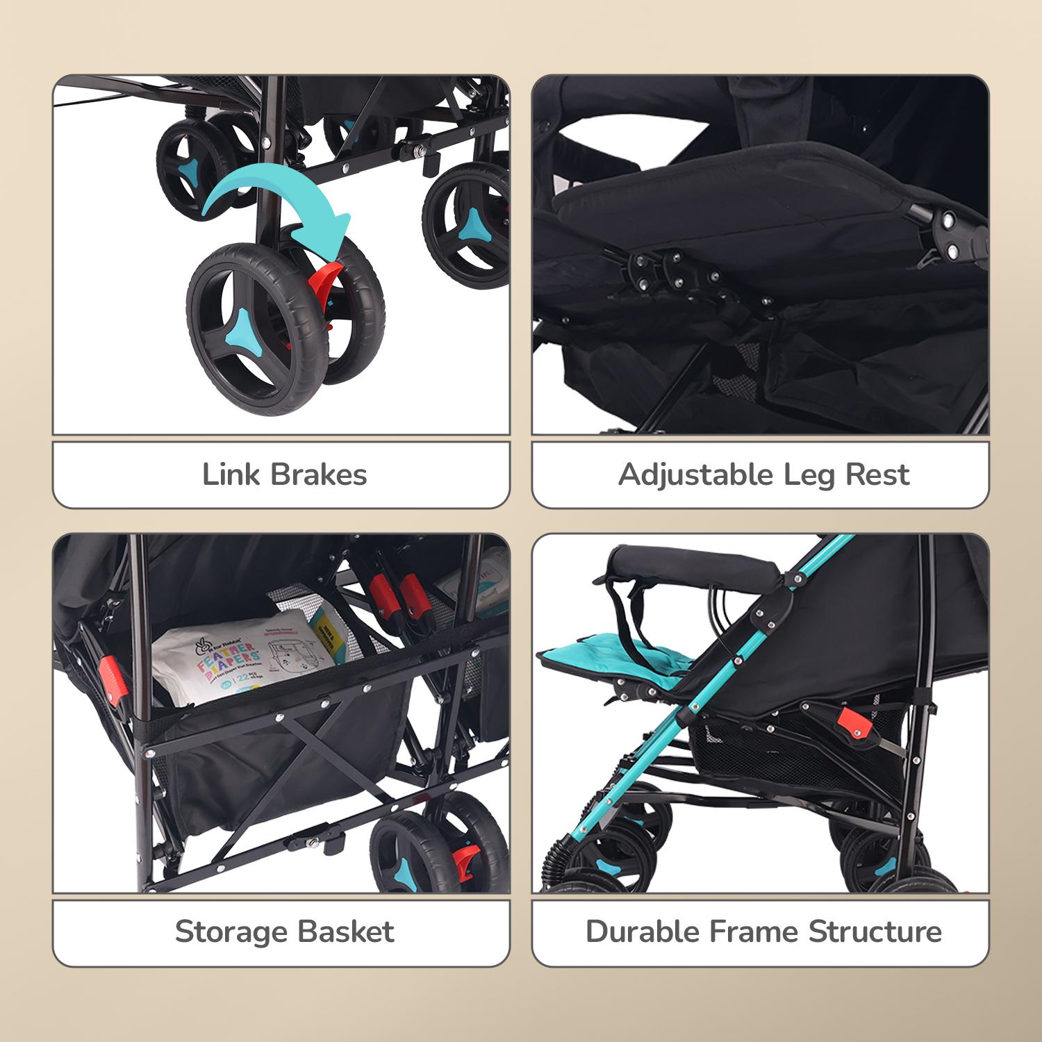 R for Rabbit Ginny And Johnny | Twin Baby Stroller & Pram Easy Foldable With Adjustable Seating Positions With Huge Storage Basket | Age 0-3 Yrs & Weight Upto 20 Kg (Blue Black)