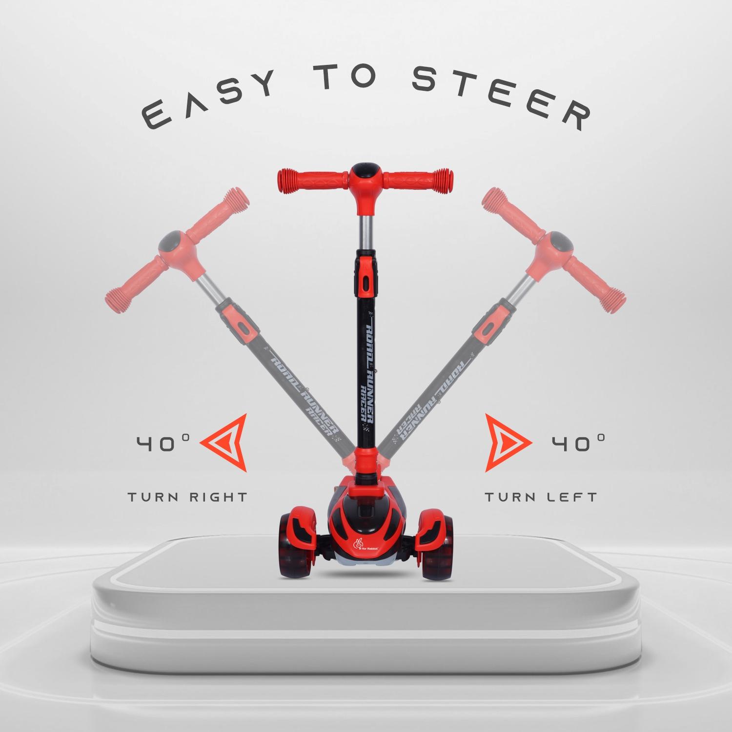 R for Rabbit Road Runner Racer Scooter for Kids of 3+ Years Age, 4 Level Height Adjustment Kids Scooter, PU LED Wheels & Weight Capacity Upto 75 kgs Kick Scooter (Red Black)