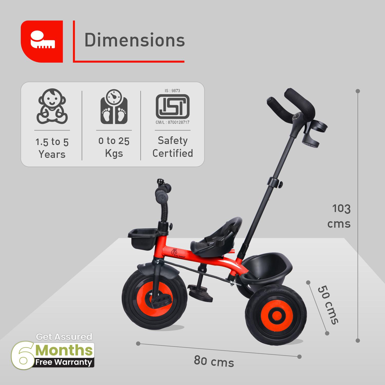 R for Rabbit Tiny Toes T20 Ace Tricycle for Kids with Adjustable Parental Control, Premium EVA Wheels, Seat Belt & Storage Basket | Baby Trike Cycle for 1.5 to 5 Year, Upto 25 Kg Boy/Girl (Red)