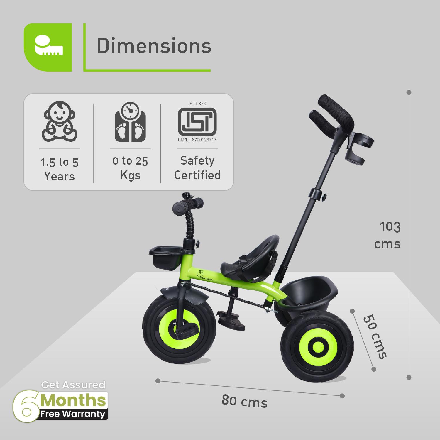 R for Rabbit Tiny Toes T20 Ace Tricycle for Kids with Adjustable Parental Control, Premium EVA Wheels, Seat Belt & Storage Basket | Baby Trike Cycle for 1.5 to 5 Year, Upto 25 Kg Boy/Girl (Green)