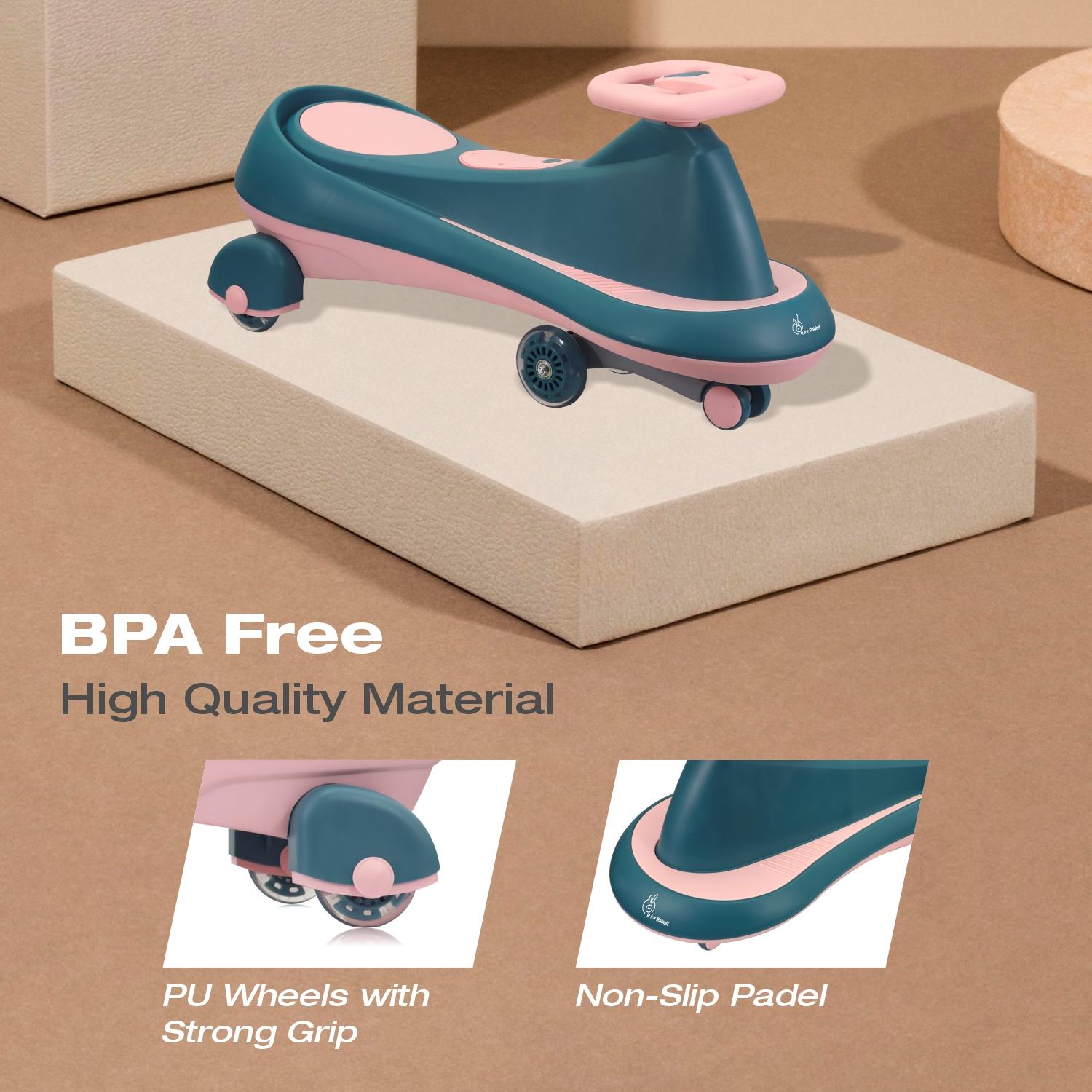 R for Rabbit Iya Iya Drift Swing Car for Kids with Light & Music | Baby Twister Magic Ride-On Panda Car with Scratch-Free PU LED Wheels | Gift for 3+ Years Boys & Girls Weight Up to 125kg (Green Pink)