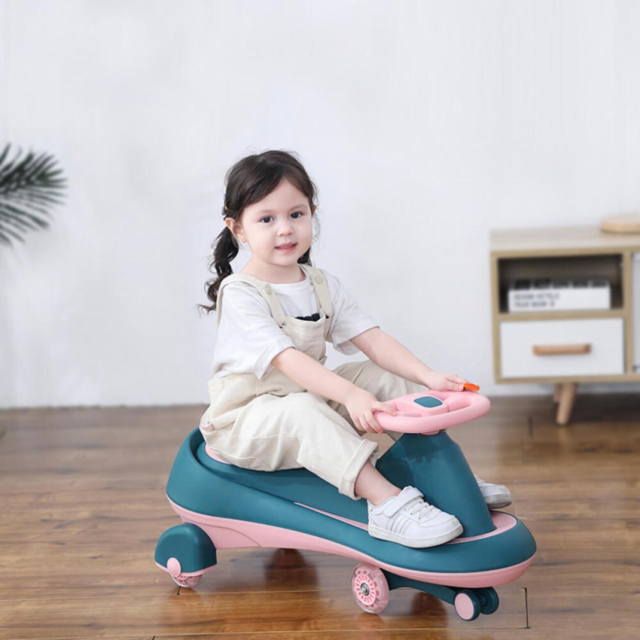 R for Rabbit Iya Iya Drift Swing Car for Kids with Light & Music | Baby Twister Magic Ride-On Panda Car with Scratch-Free PU LED Wheels | Gift for 3+ Years Boys & Girls Weight Up to 125kg (Green Pink)