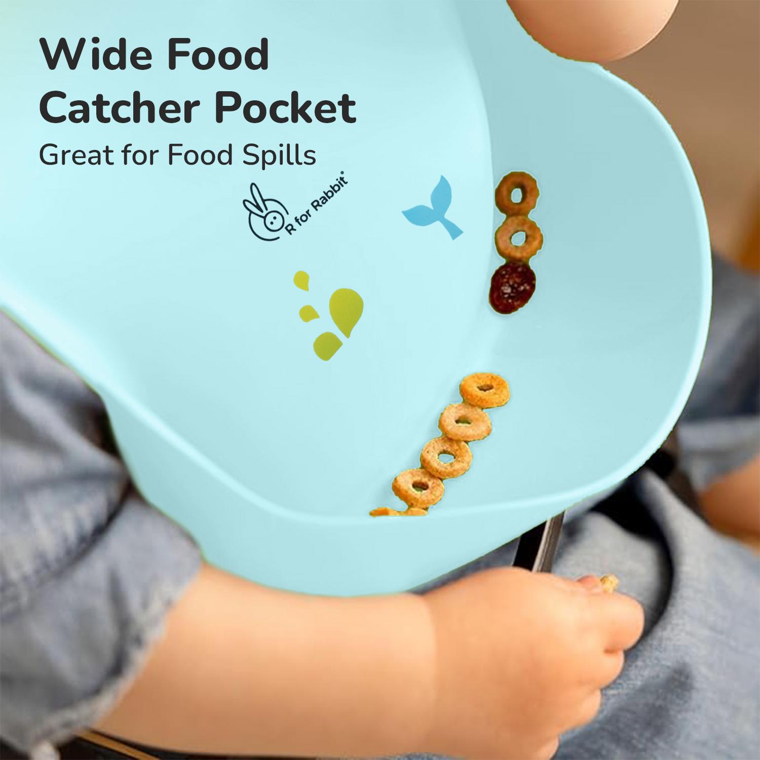 R for Rabbit Safari Silicone Bib for Baby Food Feeding BPA Free, Baby Apron Adjustable Straps With Food Pocket, Mess Free, Waterproof, Washable & Reusable Ideal for Babies 6 to 36 Months (Lake Blue)