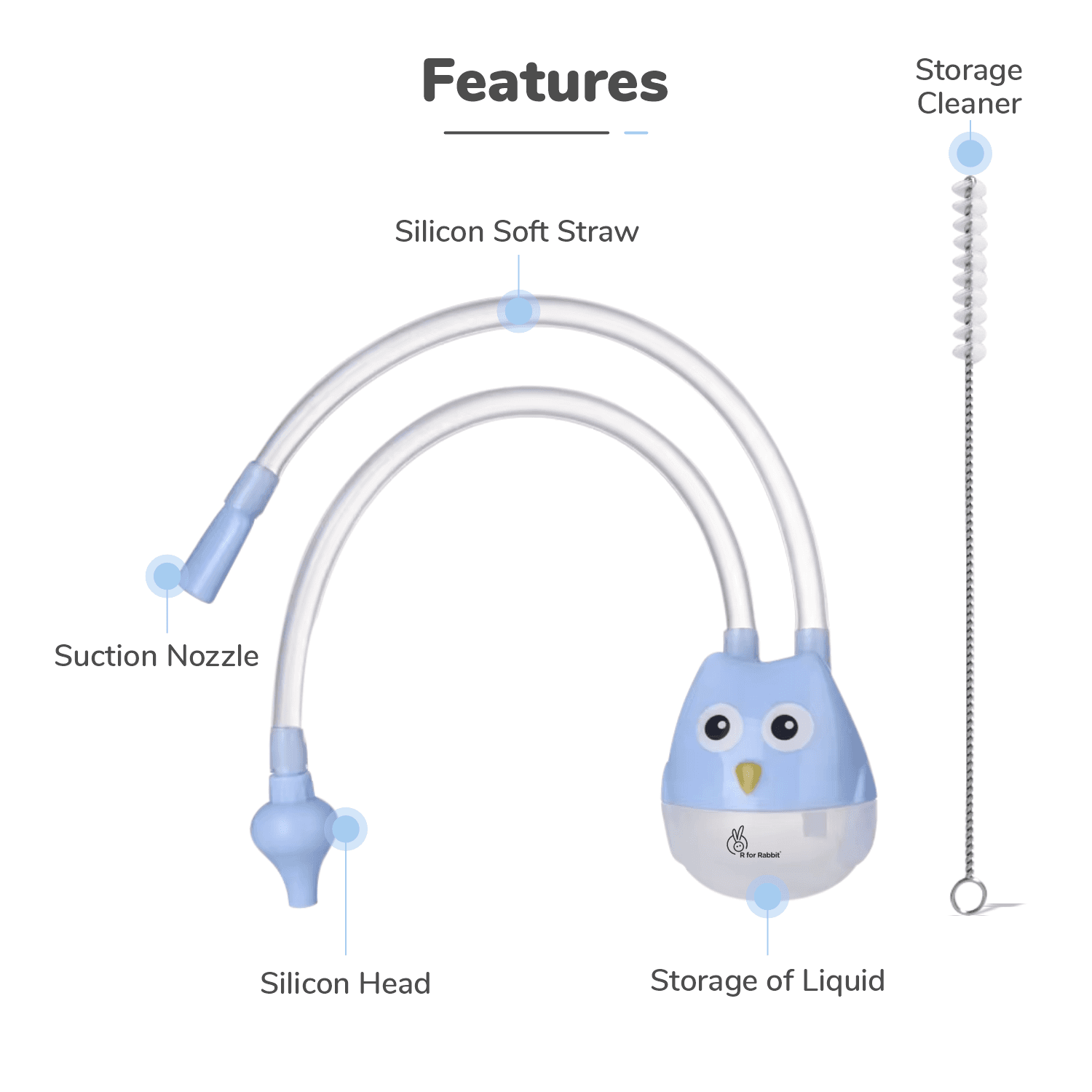 R for Rabbit Snowy Baby Nasal Aspirator, Nose Cleaner for Babies (0 to 5 Years) BPA Free Soft Silicone, Infants Snotsucker, Cold Relief, Easy to Clean, Travel Friendly (Blue)