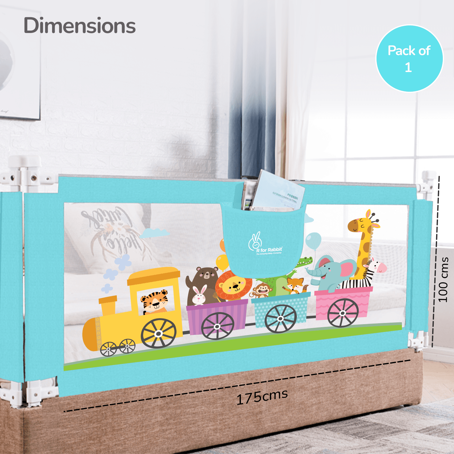 R for Rabbit Safari Baby Bed Rail, (Pack of 1) One Side Bed Protector 177 x 100 cm, Anti-Fall Safeguard Toddler Safety, Adjustable Height & Foldable with Storage Pocket for Kids 5.8 x 3 ft(Blue)