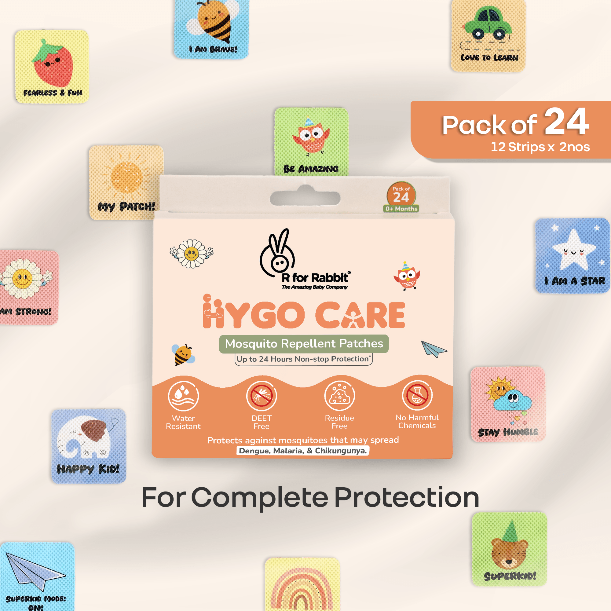 R for Rabbit HYGOCARE 100% Natural Mosquito Repellent Patches for Baby 24-Hour Full Day Protection from Dengue, Malaria, Chikungunya Pack of 24 Patches