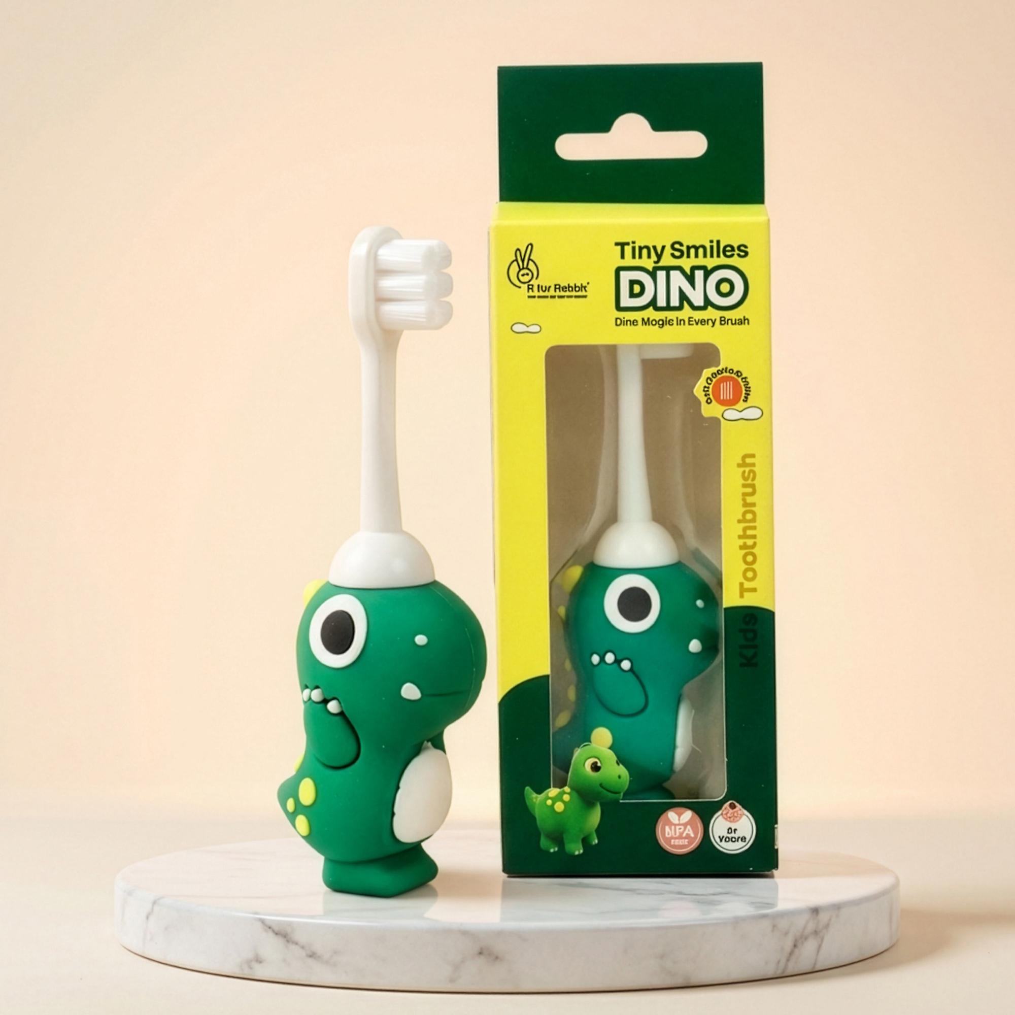 R for Rabbit Tiny Smiles Dino Kids Toothbrush with Tongue Cleaner for Toddlers & Babies 2+ Years | Extra Ultra Soft PBT Bristles, Gentle on Gums | Cute 3D Dinosaur Easy Grip Handle | BPA Free (Green)