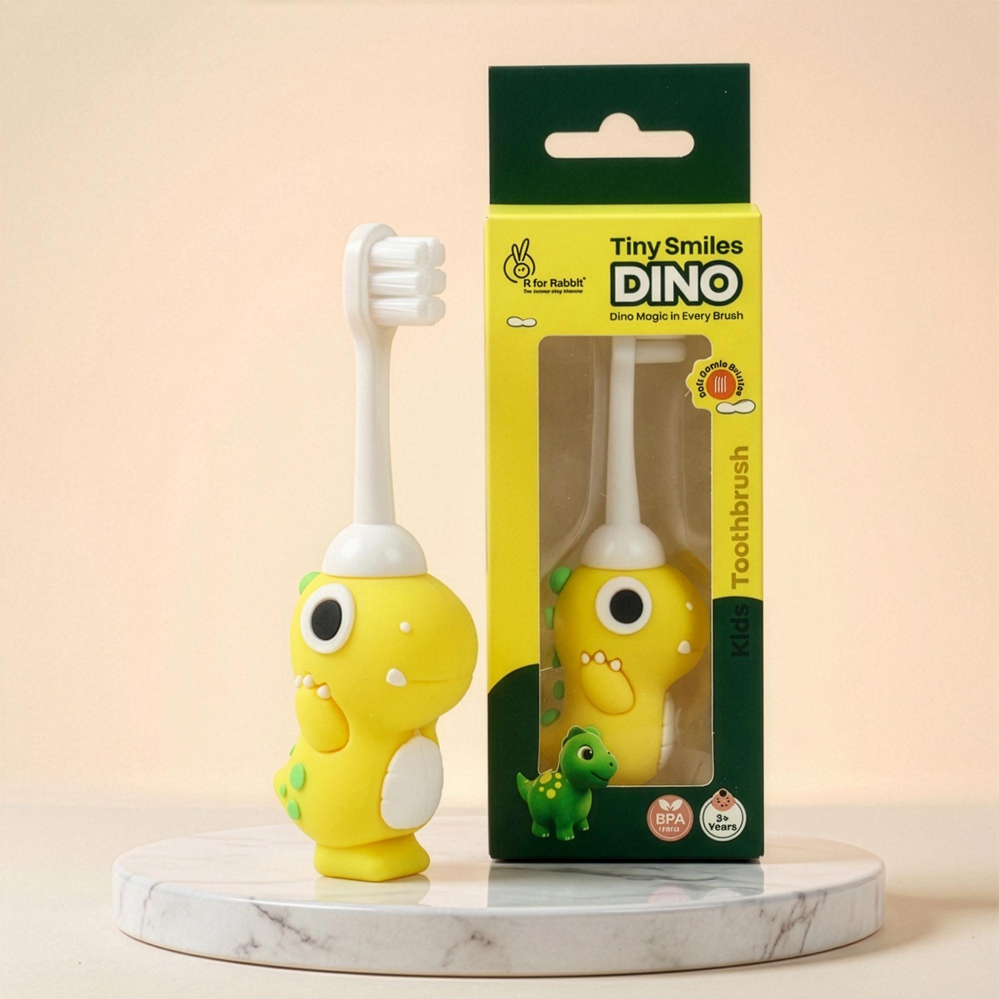 R for Rabbit Tiny Smiles Dino Kids Toothbrush with Tongue Cleaner for Toddlers & Babies 2+ Years | Extra Ultra Soft PBT Bristles, Gentle on Gums | Cute 3D Dinosaur Easy Grip Handle | BPA Free (Yellow)