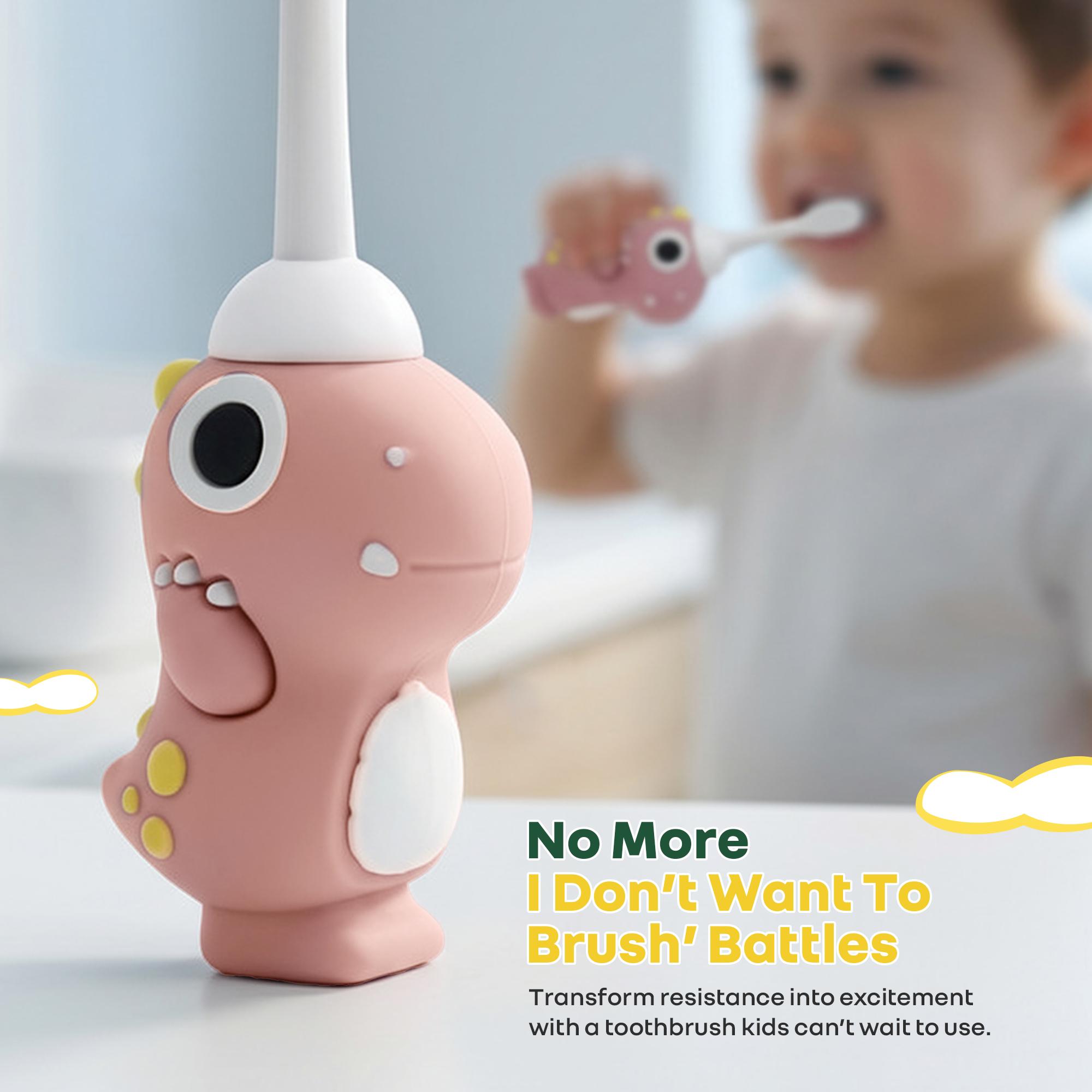 R for Rabbit Tiny Smiles Dino Kids Toothbrush with Tongue Cleaner for Toddlers & Babies 2+ Years | Extra Ultra Soft PBT Bristles, Gentle on Gums | Cute 3D Dinosaur Easy Grip Handle | BPA Free (Peach)