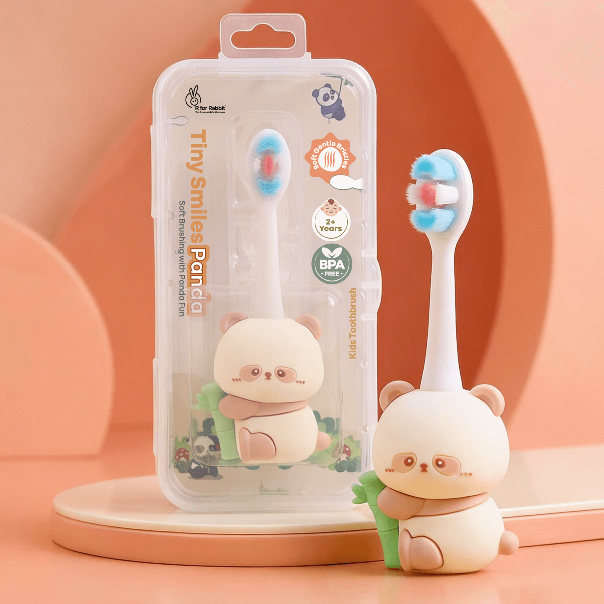 R for Rabbit Tiny Smiles Panda Kids Toothbrush with Travel Case for Toddlers & Babies 2+ Years | Ultra Soft PBT Bristles, Gentle on Gums | Cute 3D Self-Standing Easy Grip Handle | BPA Free (Beige)