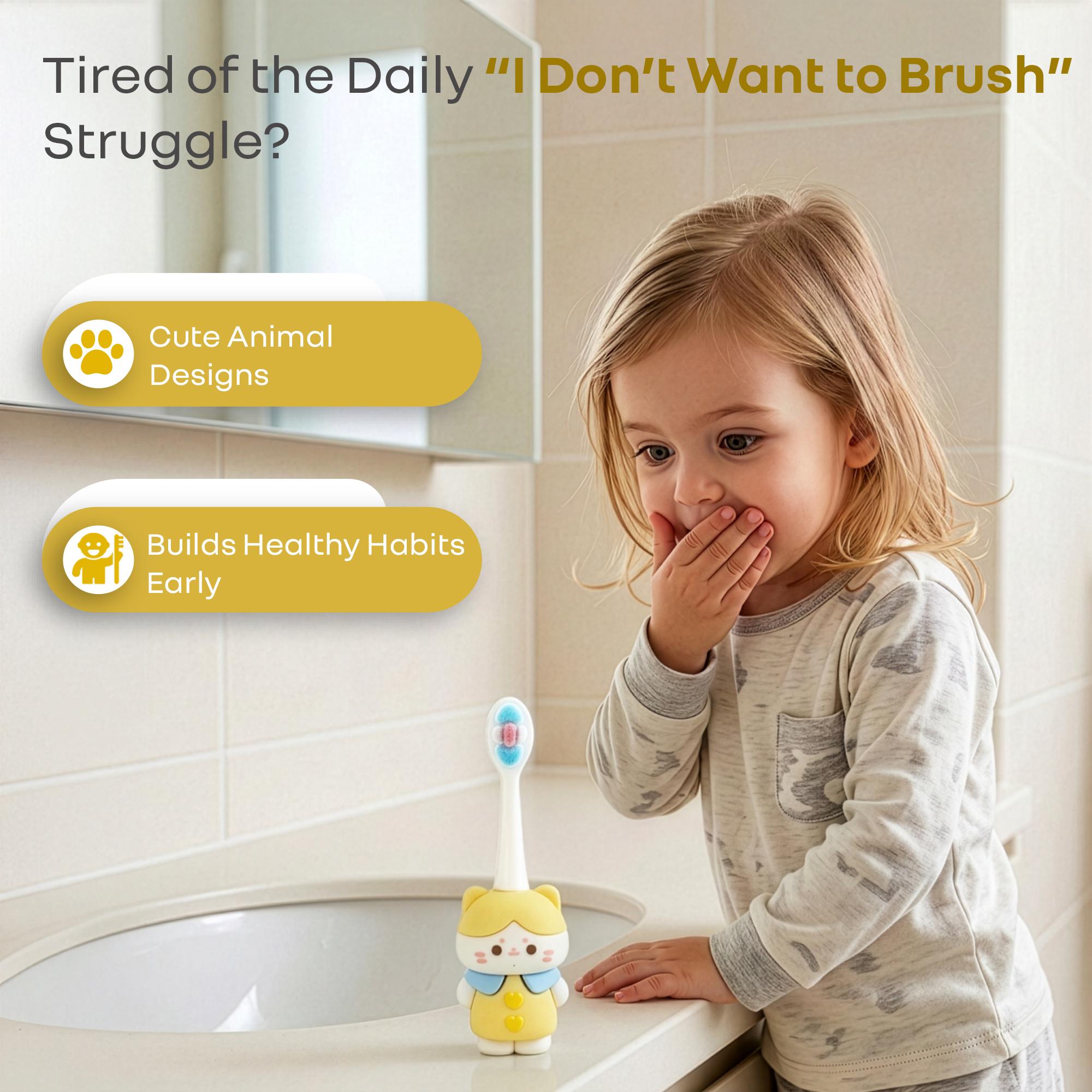 R for Rabbit Tiny Smiles Zoobie Kids Toothbrush | Ultra Soft PBT Bristles, Self Standing Animal Design, Easy Grip Handle, BPA & Phthalate Free, Gentle on Gums for Toddlers Age 2+ Years (Yellow Kitty)