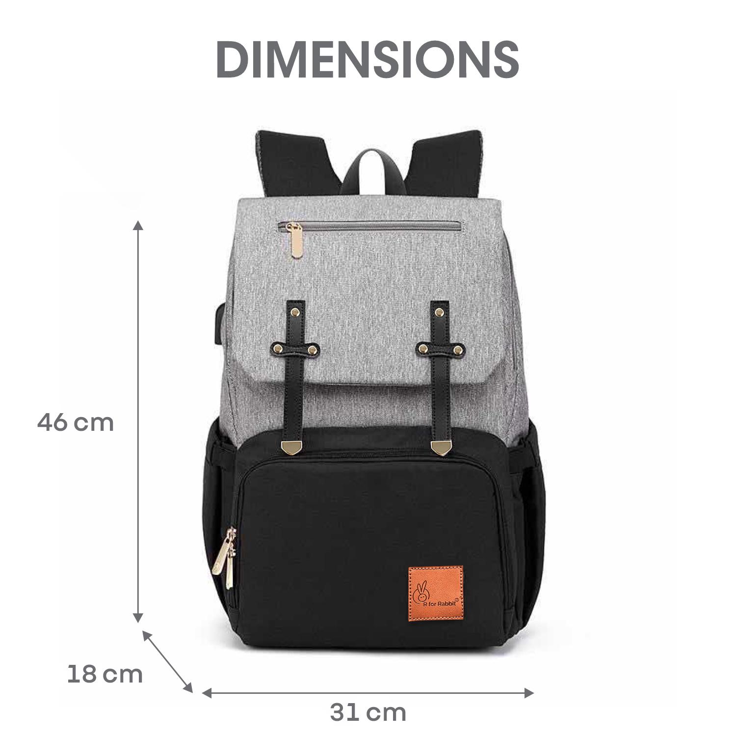 R for Rabbit Caramello Smart Diaper Bag for Newborn Baby | Multi-Functional Maternity Backpack with Built-In USB Charging Port, Insulated Pockets, Large Storage Space & Trolley Strap (Black Grey)