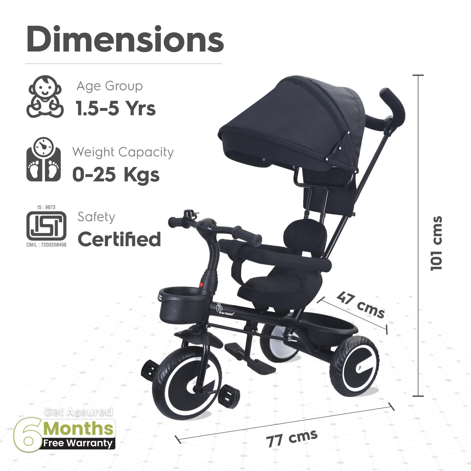 R for Rabbit Tiny Toes T30 Ace Tricycles for Kids with Premium EVA Wheels, Canopy, Adjustable Parental Control & Storage Basket | Baby Trike Cycle for 1.5 to 5 Years, Upto 25 Kg Boy & Girl (Black)