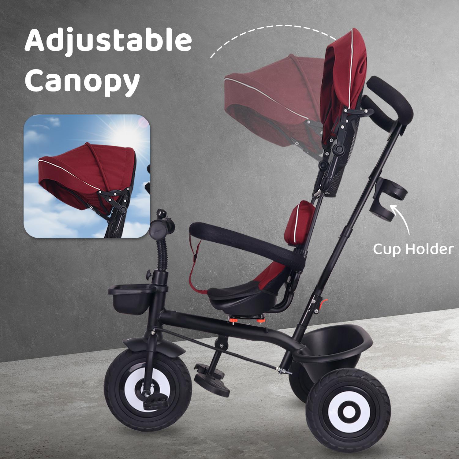 R for Rabbit Tiny Toes T40 Plus Tricycles for Kids with Premium Rubber Wheels, 360° Rotatable Seat, Storage Basket & Canopy | Baby Trike Cycle for 1.5 to 5 Years, Upto 25 Kg Boy & Girl (Maroon Black)