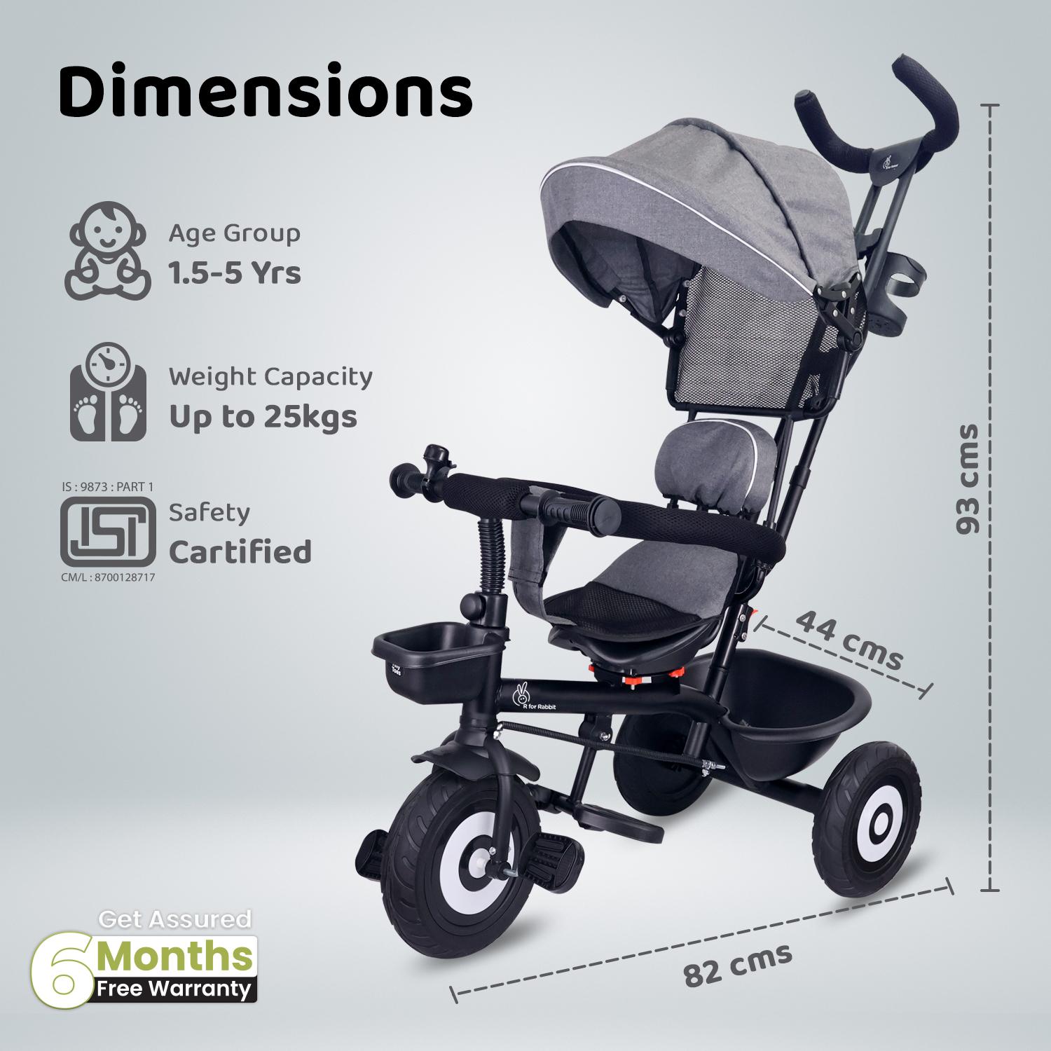 R for Rabbit Tiny Toes T40 Plus Tricycles for Kids with Premium Rubber Wheels, 360° Rotatable Seat, Storage Basket & Canopy | Baby Trike Cycle for 1.5 to 5 Years, Upto 25 Kg Boy & Girl (Grey Black)