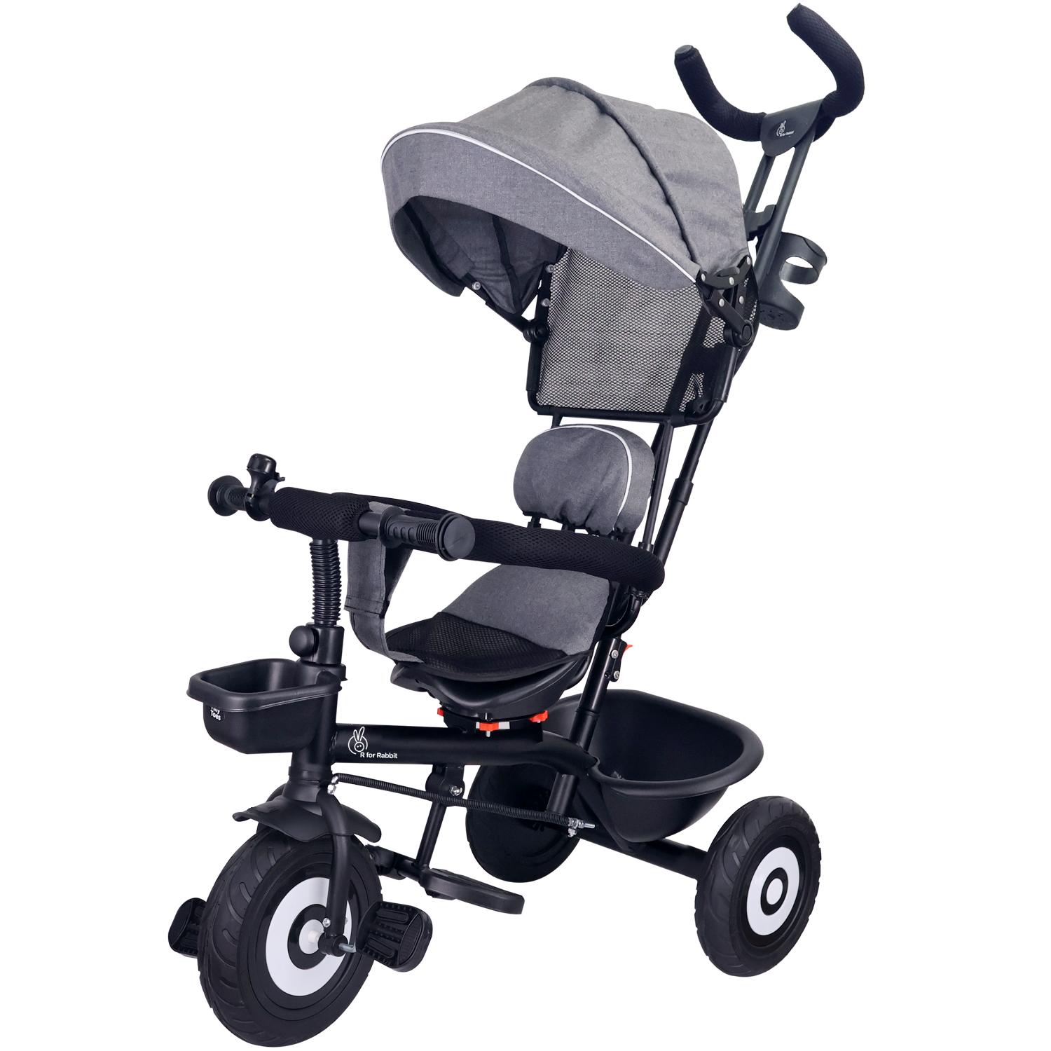 R for Rabbit Tiny Toes T40 Plus Tricycles for Kids with Premium Rubber Wheels, 360° Rotatable Seat, Storage Basket & Canopy | Baby Trike Cycle for 1.5 to 5 Years, Upto 25 Kg Boy & Girl (Grey Black)