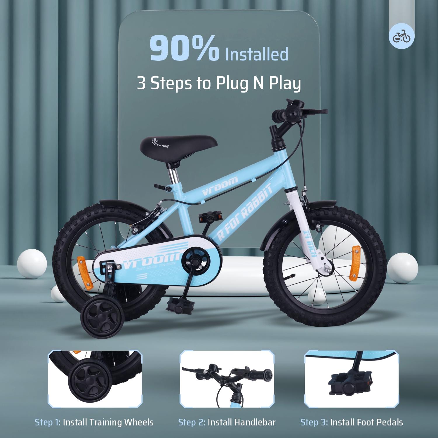 R for Rabbit Vroom Bicycle for Kids Cycle for 3 to 5 Years Boys & Girls 14T Inches | Training Wheels| 90% Installed (Lake Blue)