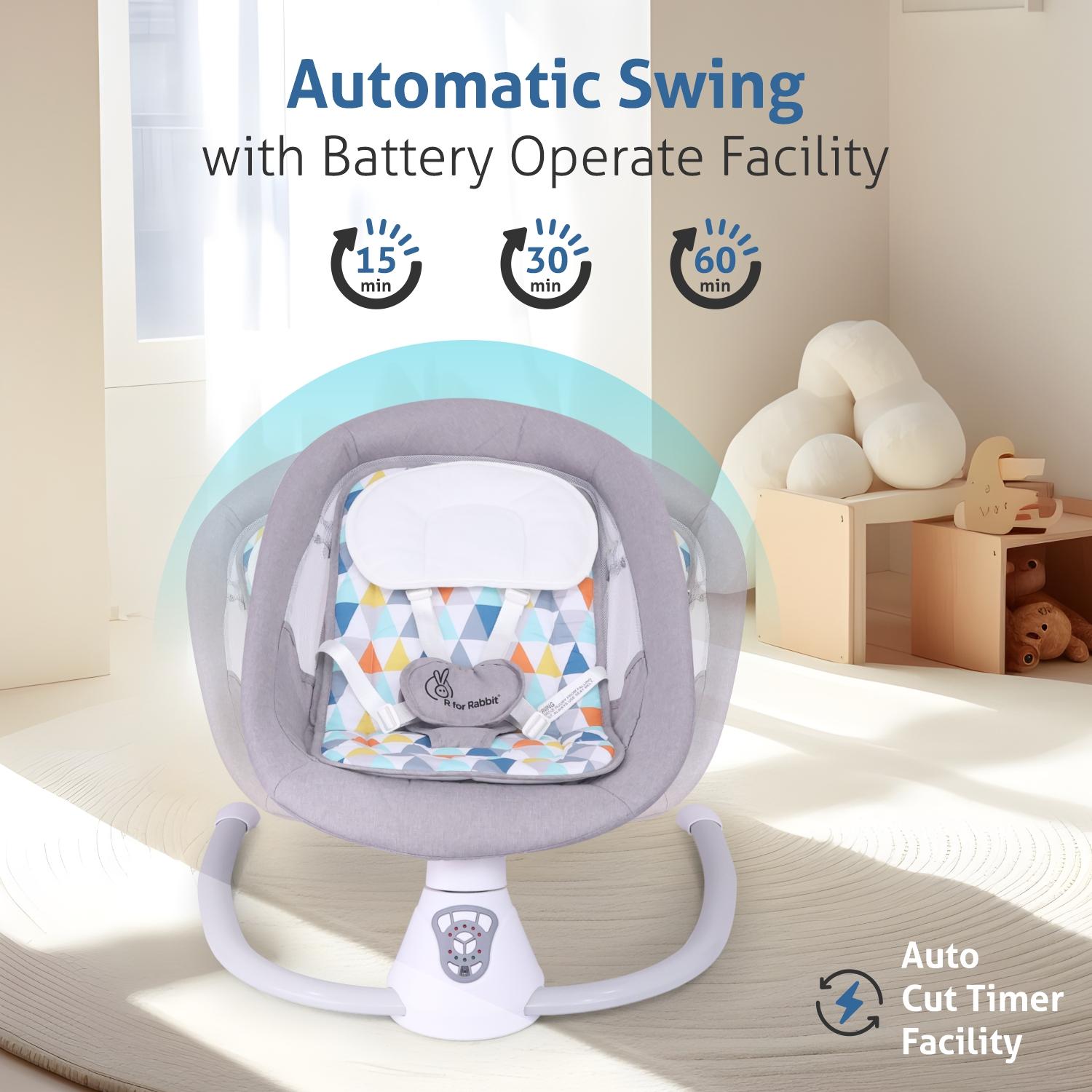 R for Rabbit Cocoon The Smart Auto Swing, Adjustable Rocking Chair with Music, Hanging Toys, Mosquito Net, Electric Baby Bouncer seat for Newborn Baby, Infant (Grey Multi)